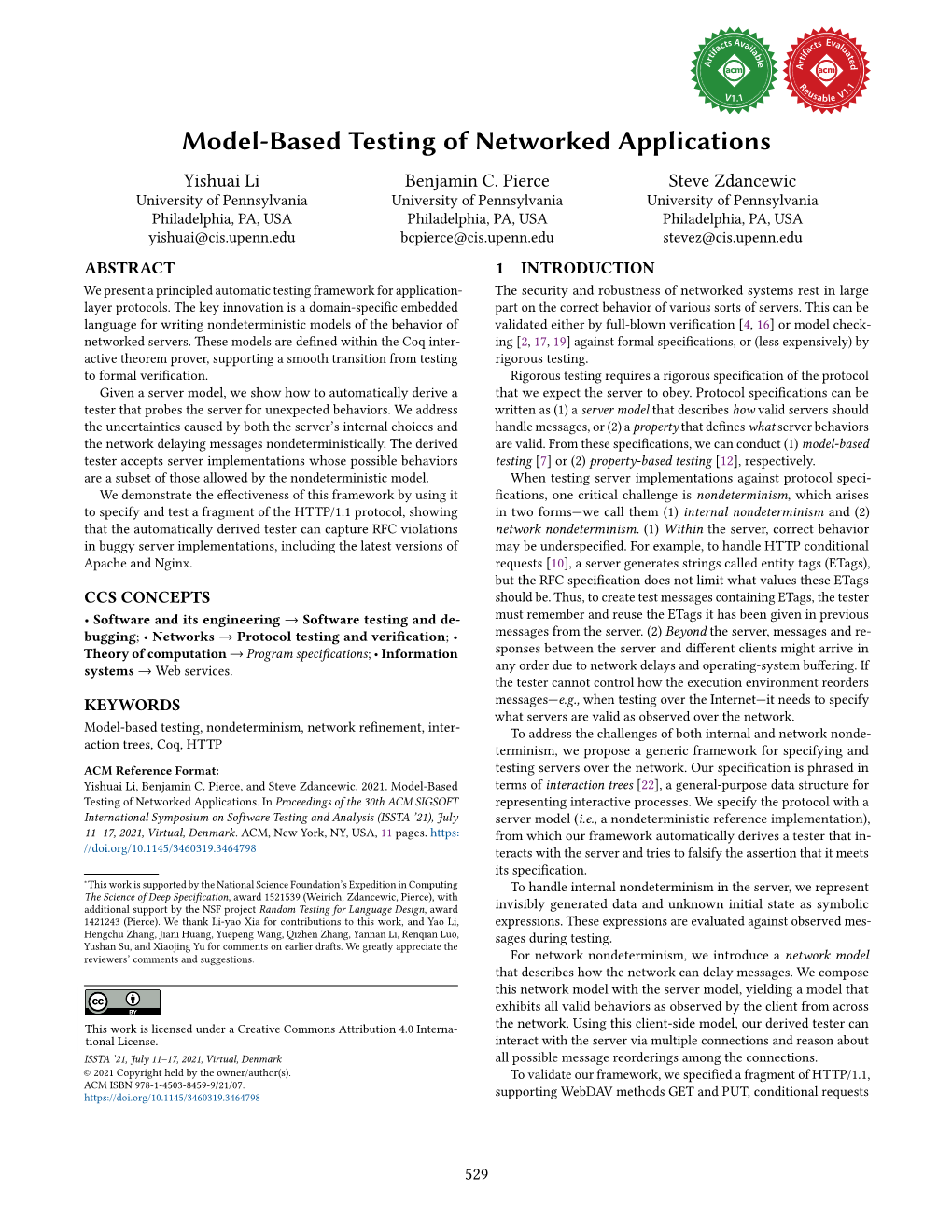 Model-Based Testing of Networked Applications Yishuai Li Benjamin C