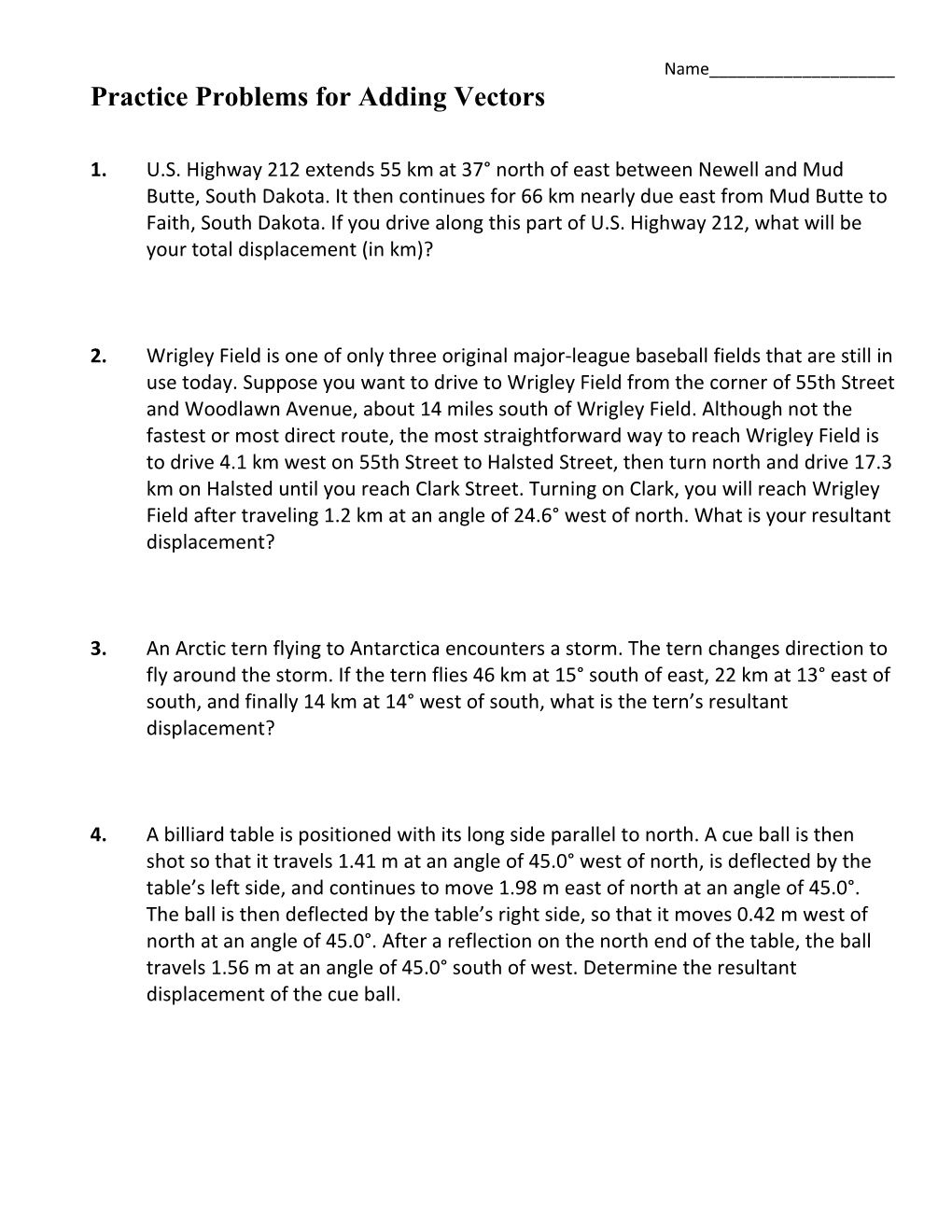 CP Physics Practice Problems for Adding Vectors