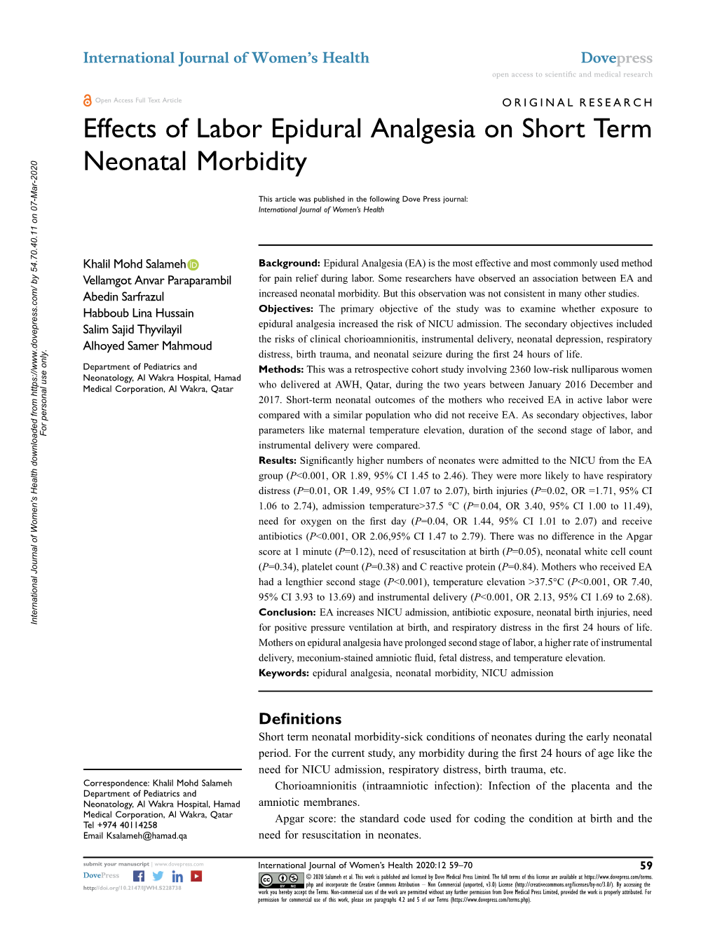 Effects of Labor Epidural Analgesia on Short Term Neonatal Morbidity