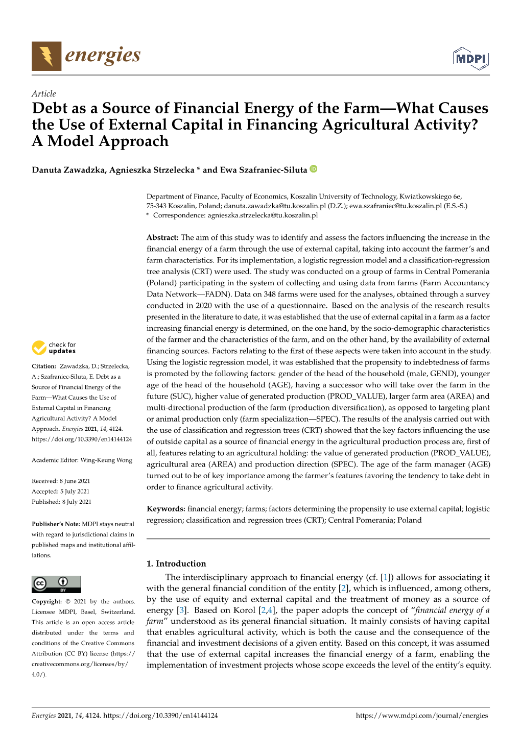 Debt As a Source of Financial Energy of the Farm—What Causes the Use of External Capital in Financing Agricultural Activity? a Model Approach
