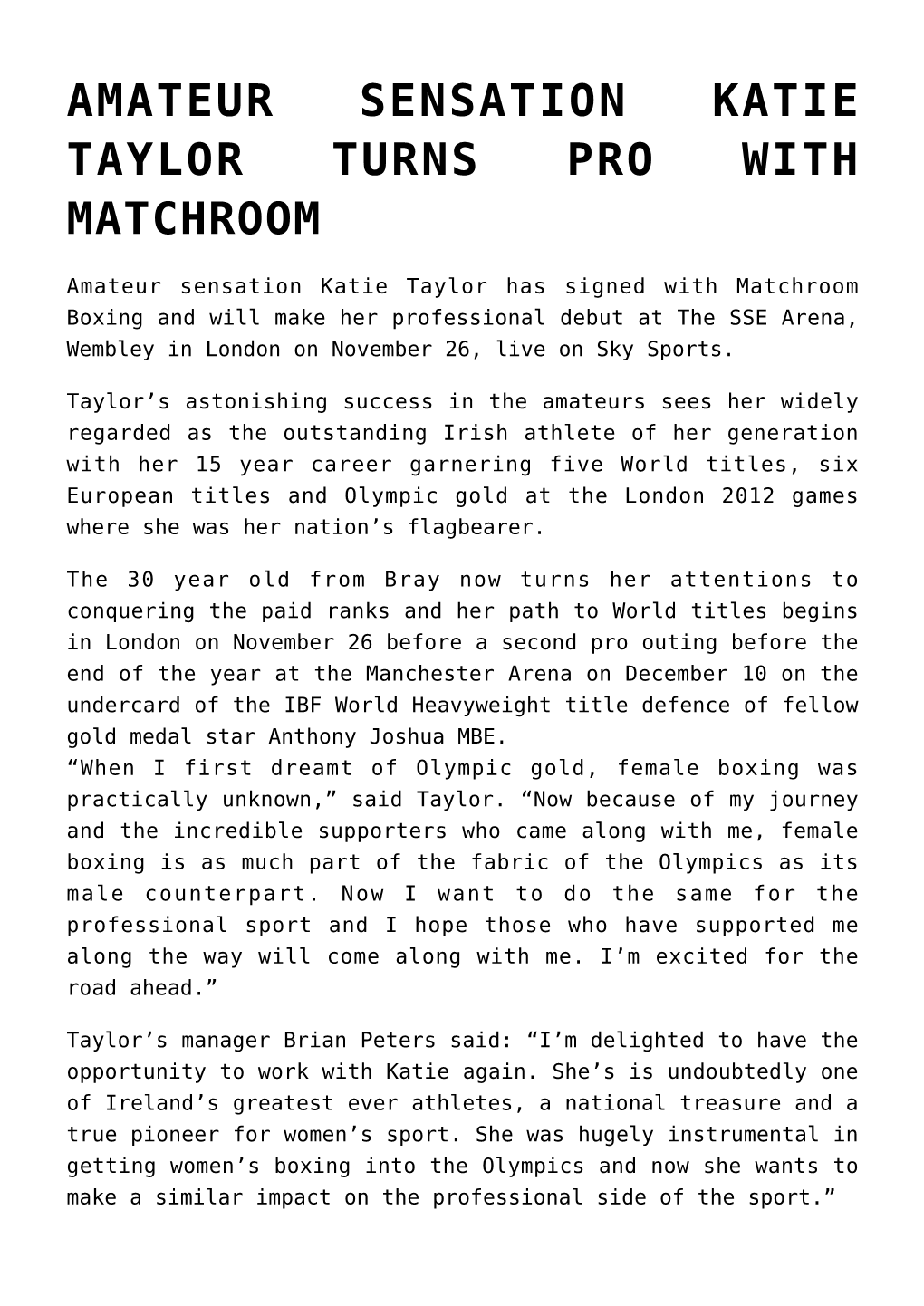 Amateur Sensation Katie Taylor Turns Pro with Matchroom