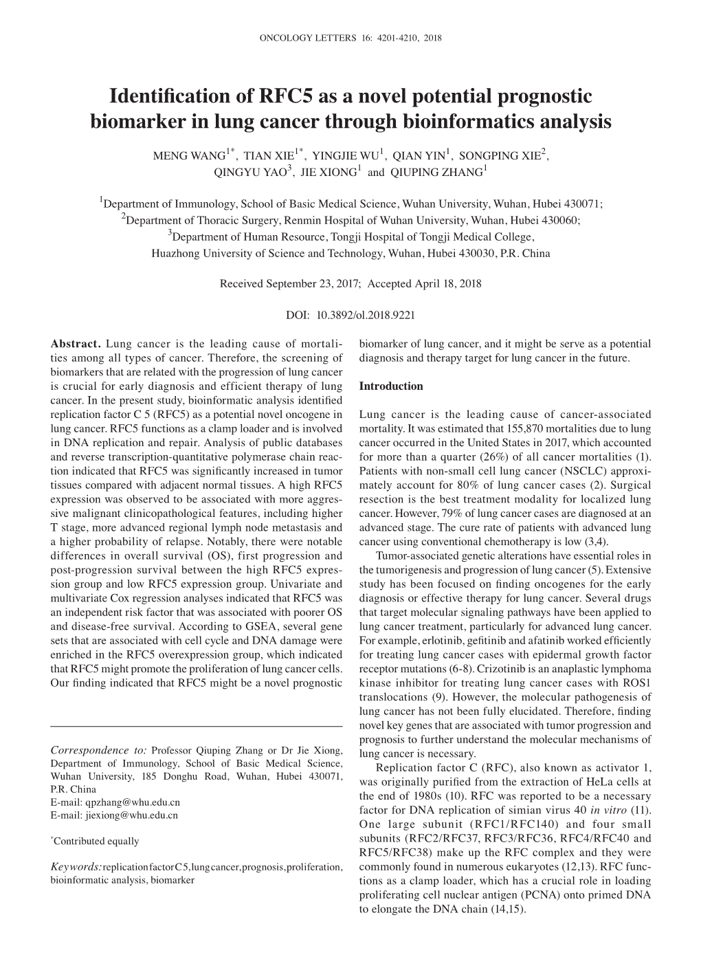 Identification of RFC5 As a Novel Potential Prognostic Biomarker in Lung Cancer Through Bioinformatics Analysis