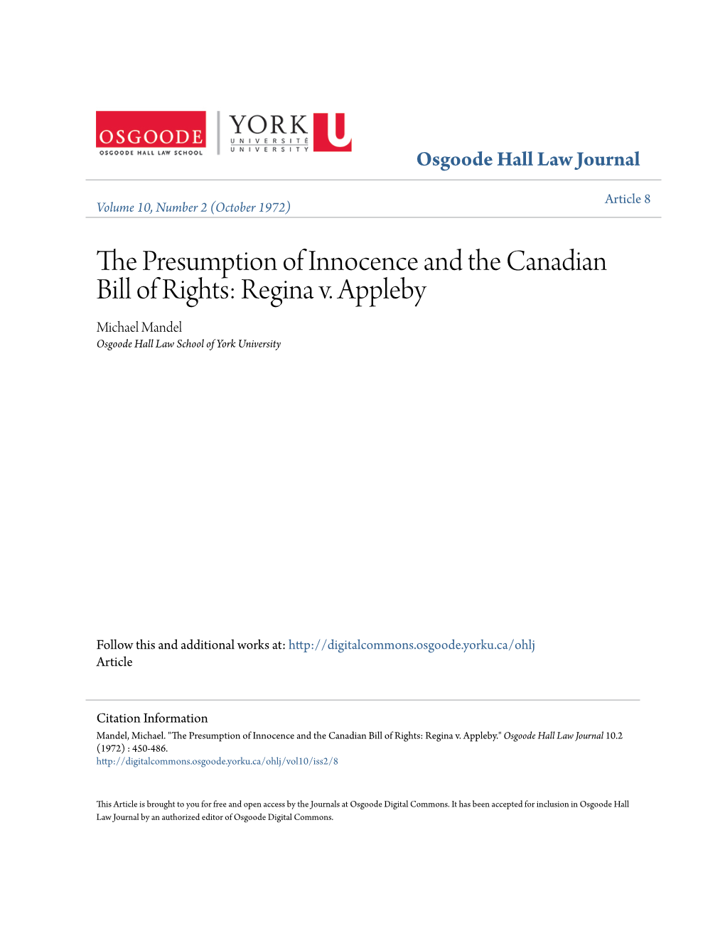 The Presumption of Innocence and the Canadian Bill of Rights: Regina V