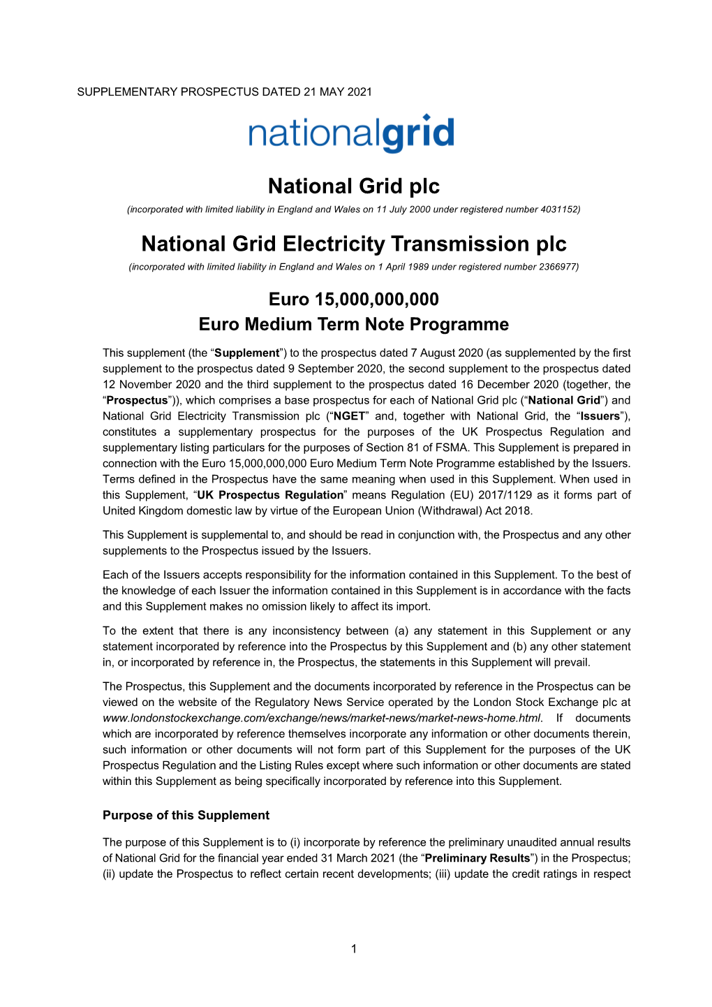 National Grid Plc National Grid Electricity Transmission