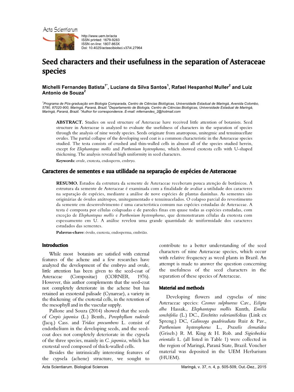 Seed Characters and Their Usefulness in the Separation of Asteraceae Species