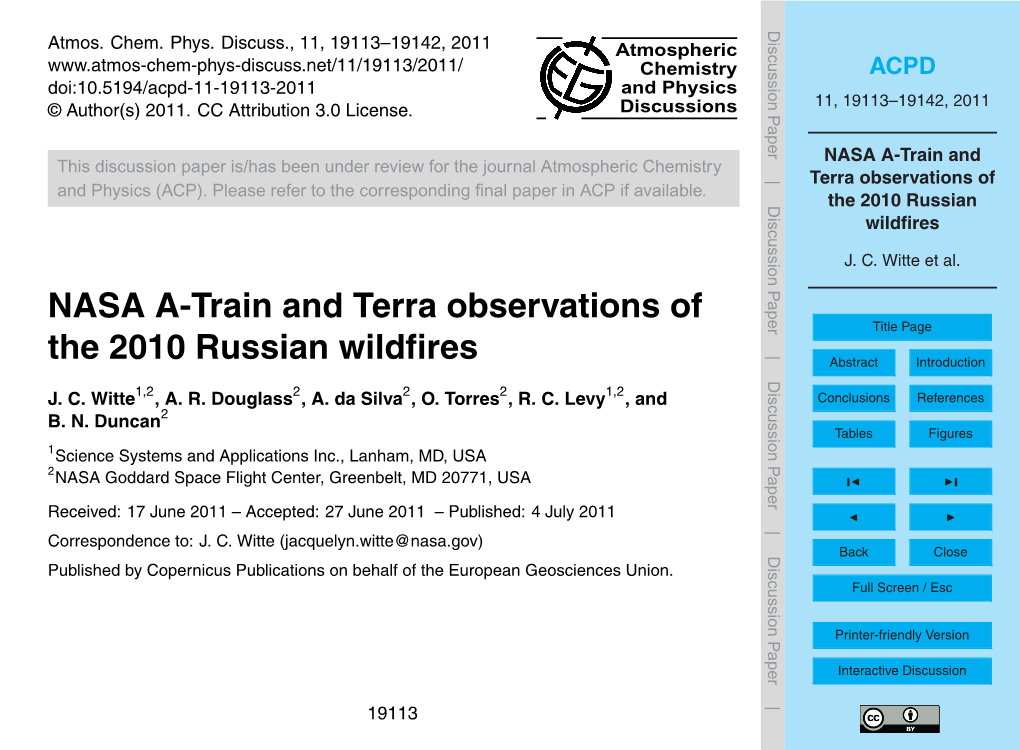 NASA A-Train and Terra Observations of the 2010 Russian 2 Satellite Instruments Wildﬁres