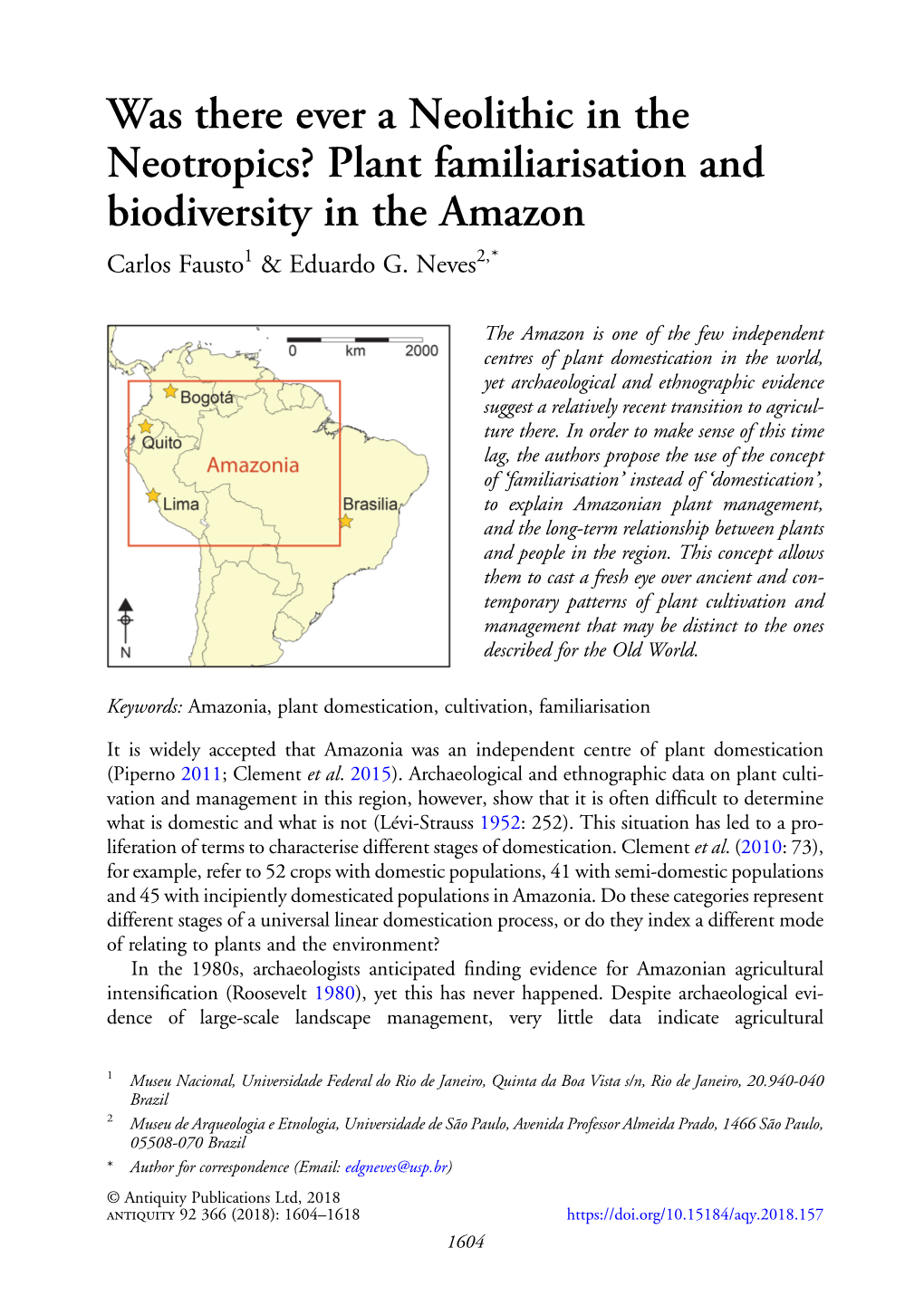 Was There Ever a Neolithic in the Neotropics? Plant Familiarisation and Biodiversity in the Amazon