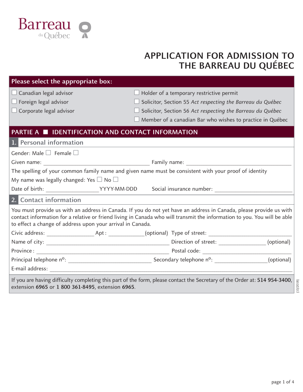 Application for Admission to the Barreau Du Québec