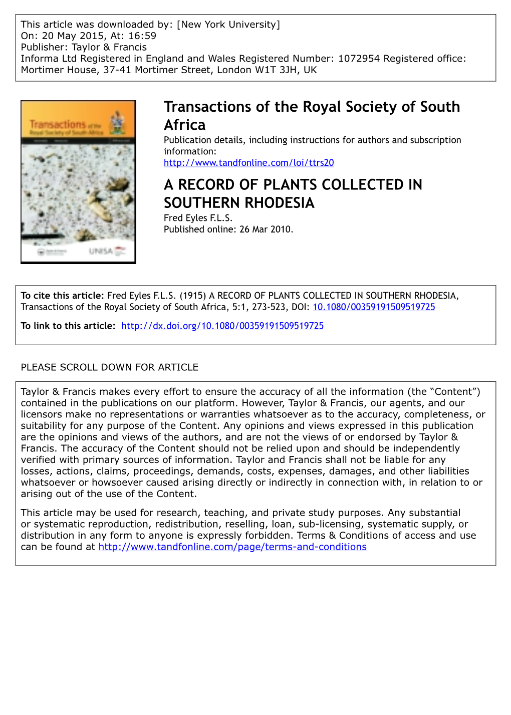 Transactions of the Royal Society of South Africa a RECORD OF