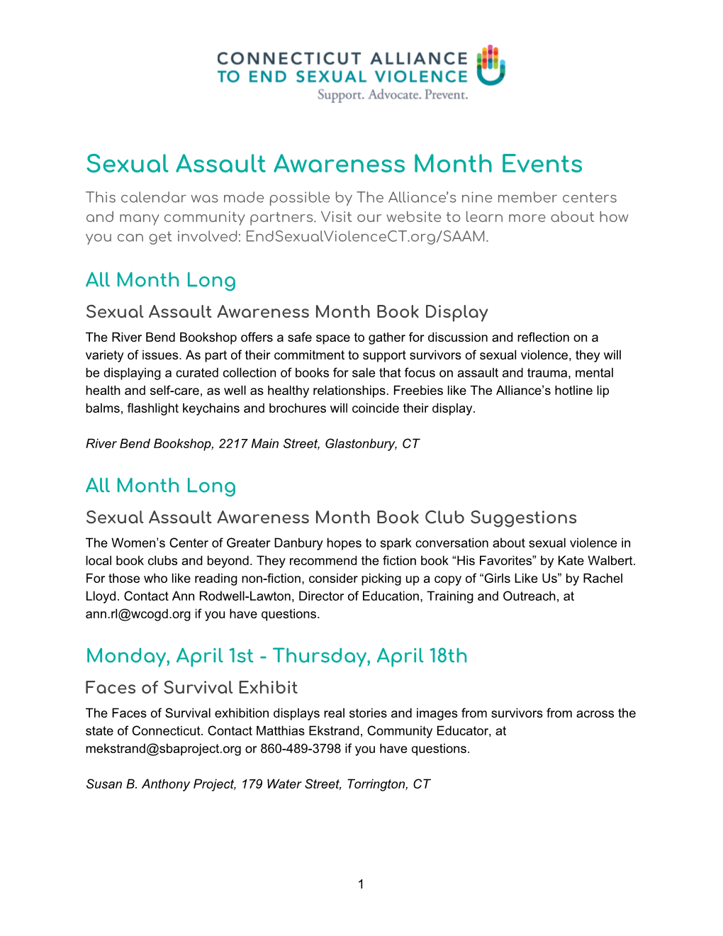 Sexual Assault Awareness Month Events This Calendar Was Made Possible by the Alliance’S Nine Member Centers and Many Community Partners