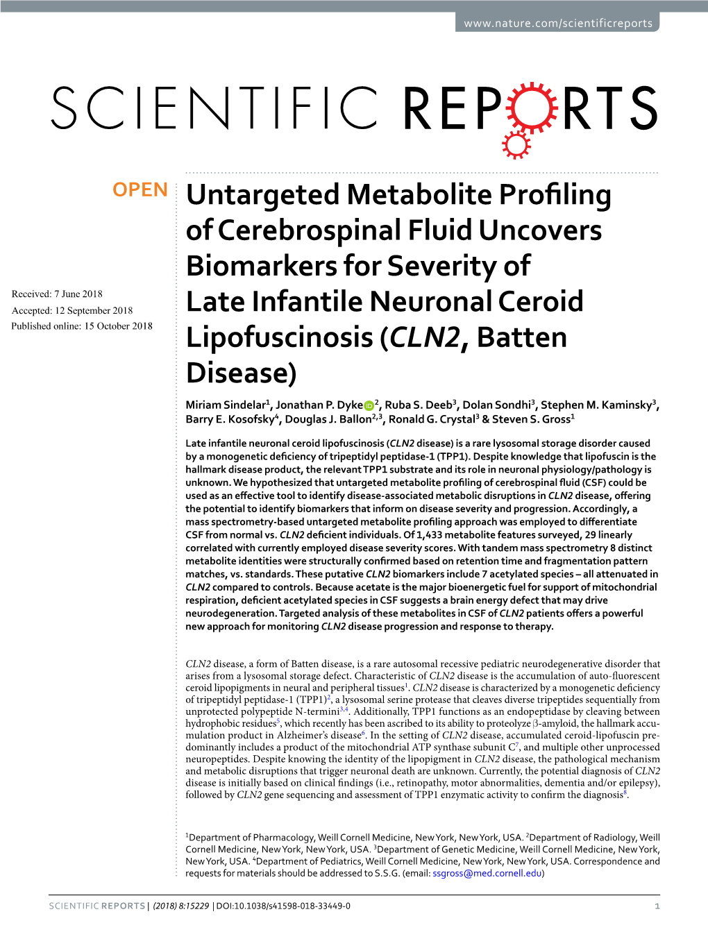 Untargeted Metabolite Profiling of Cerebrospinal Fluid Uncovers Biomarkers for Severity of Late Infantile Neuronal Ceroid Lipofu