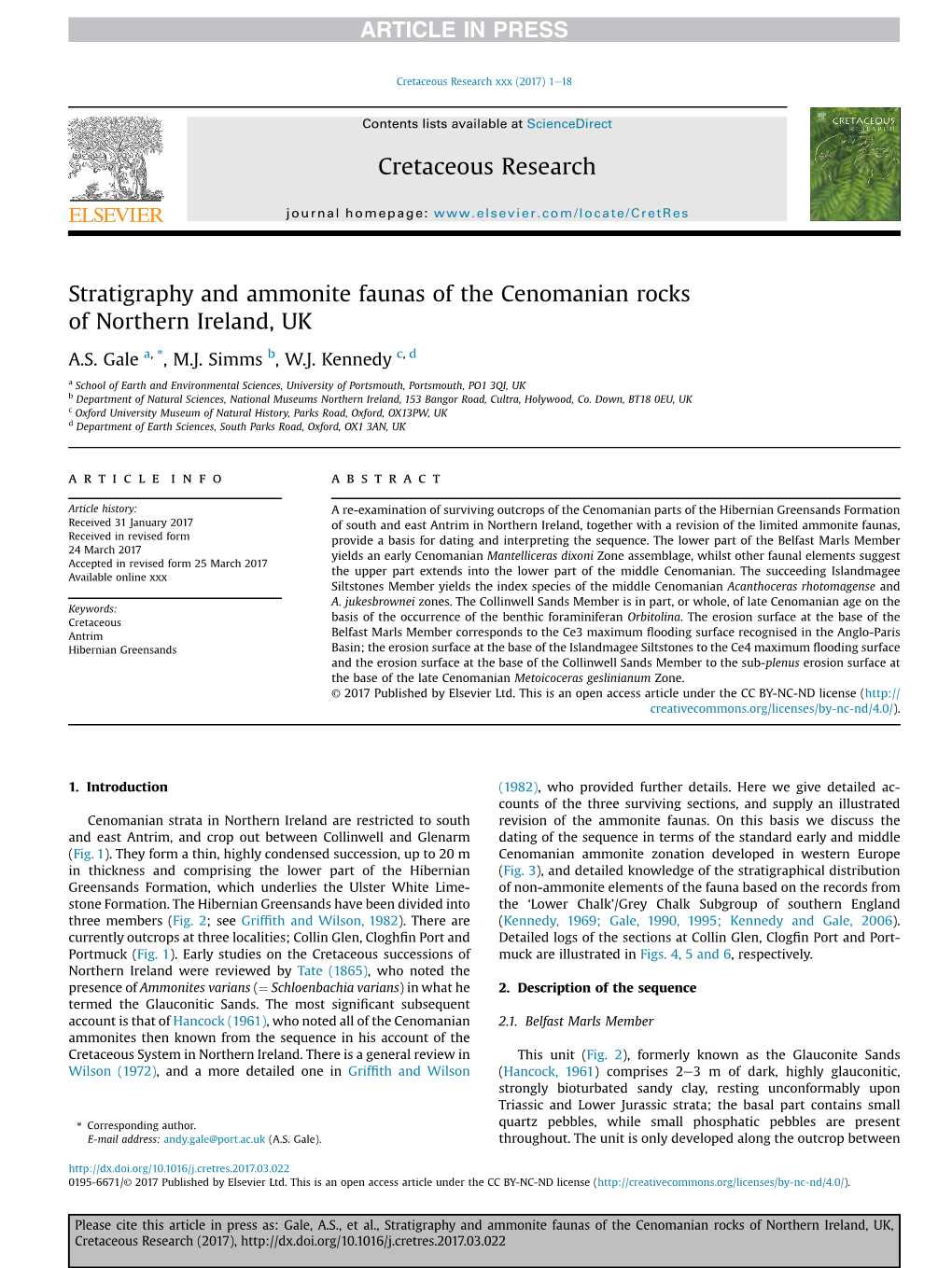 Stratigraphy and Ammonite Faunas of the Cenomanian Rocks of Northern Ireland, UK