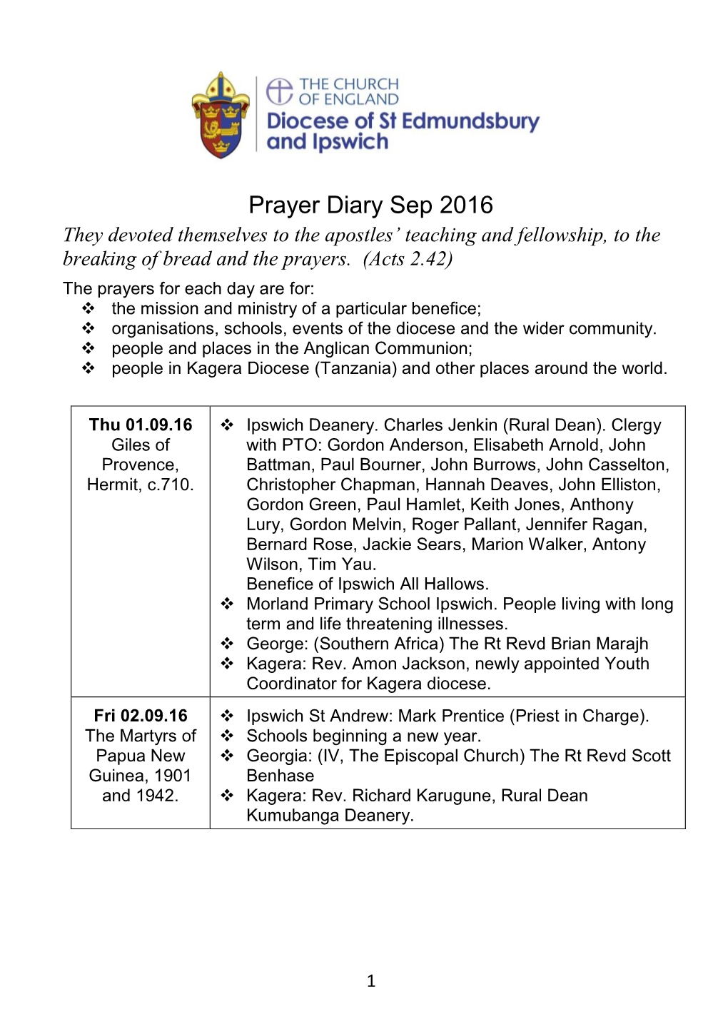 Prayer Diary Sep 2016 They Devoted Themselves to the Apostles’ Teaching and Fellowship, to the Breaking of Bread and the Prayers