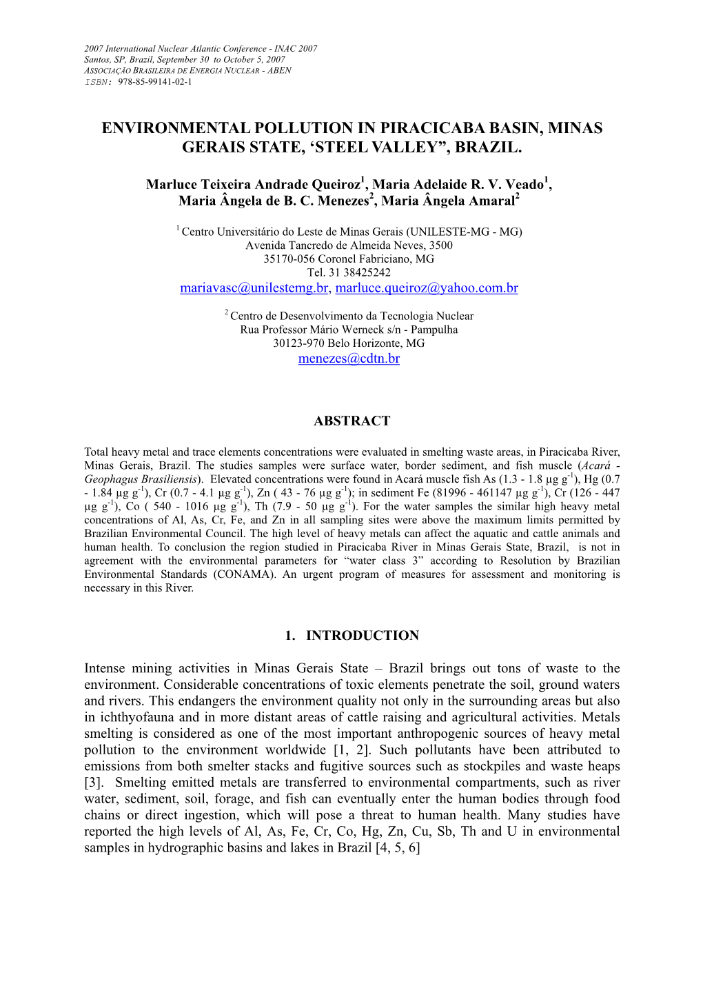 Environmental Pollution in Piracicaba Basin, Minas Gerais State, ‘Steel Valley”, Brazil