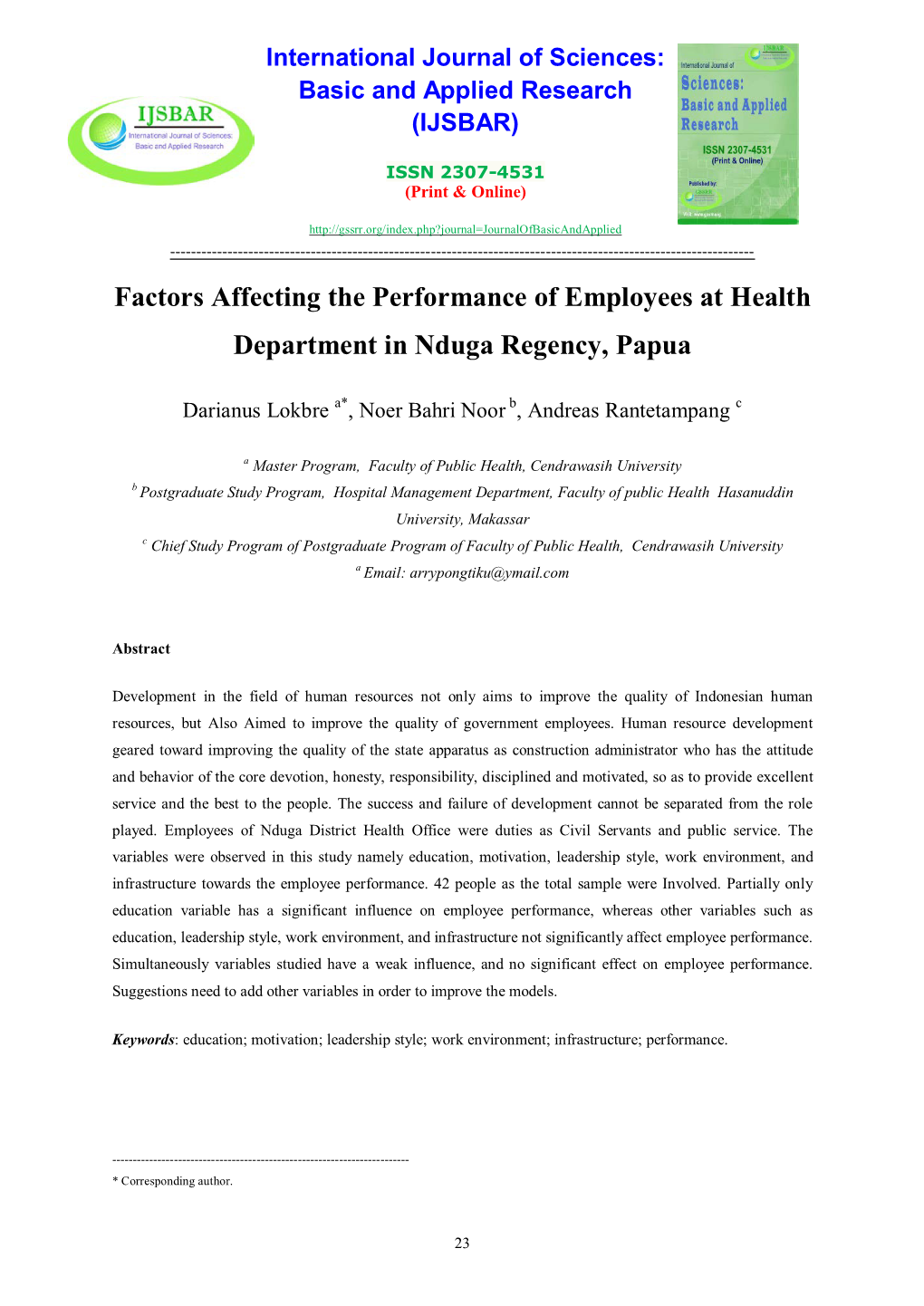 Factors Affecting the Performance of Employees at Health Department in Nduga Regency, Papua