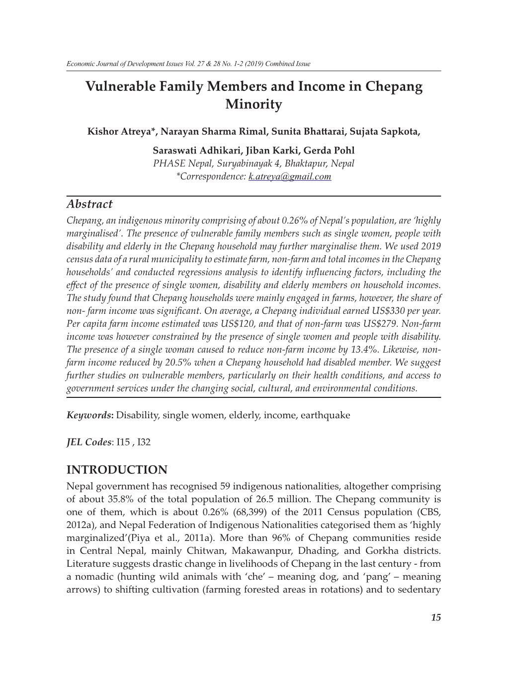 Vulnerable Family Members and Income in Chepang Minority