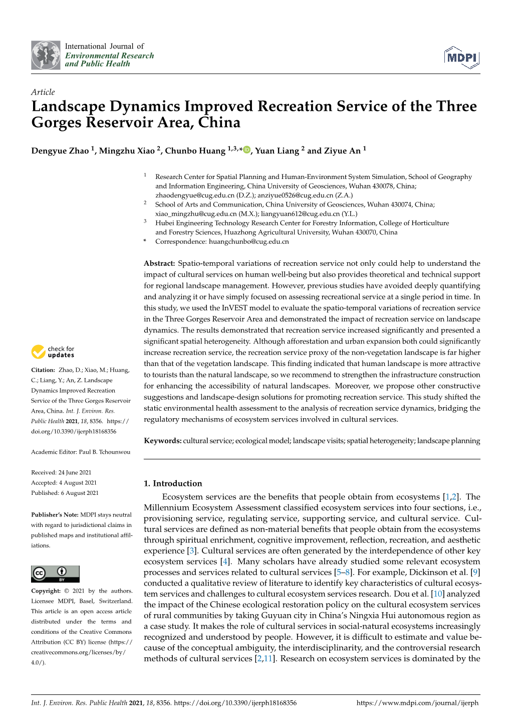 Landscape Dynamics Improved Recreation Service of the Three Gorges Reservoir Area, China