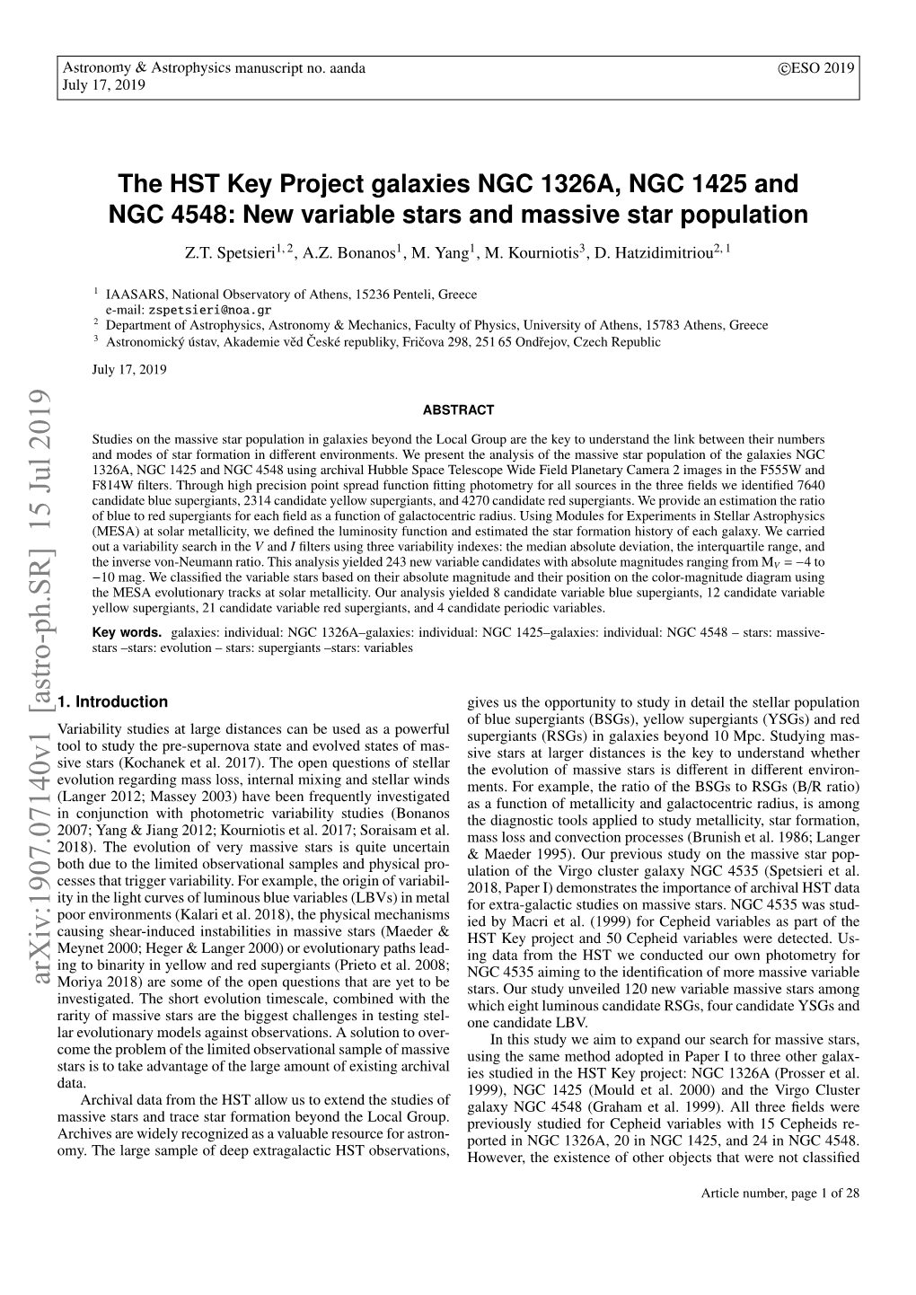 The HST Key Project Galaxies NGC 1326A, NGC 1425 and NGC 4548: New Variable Stars and Massive Star Population Z.T