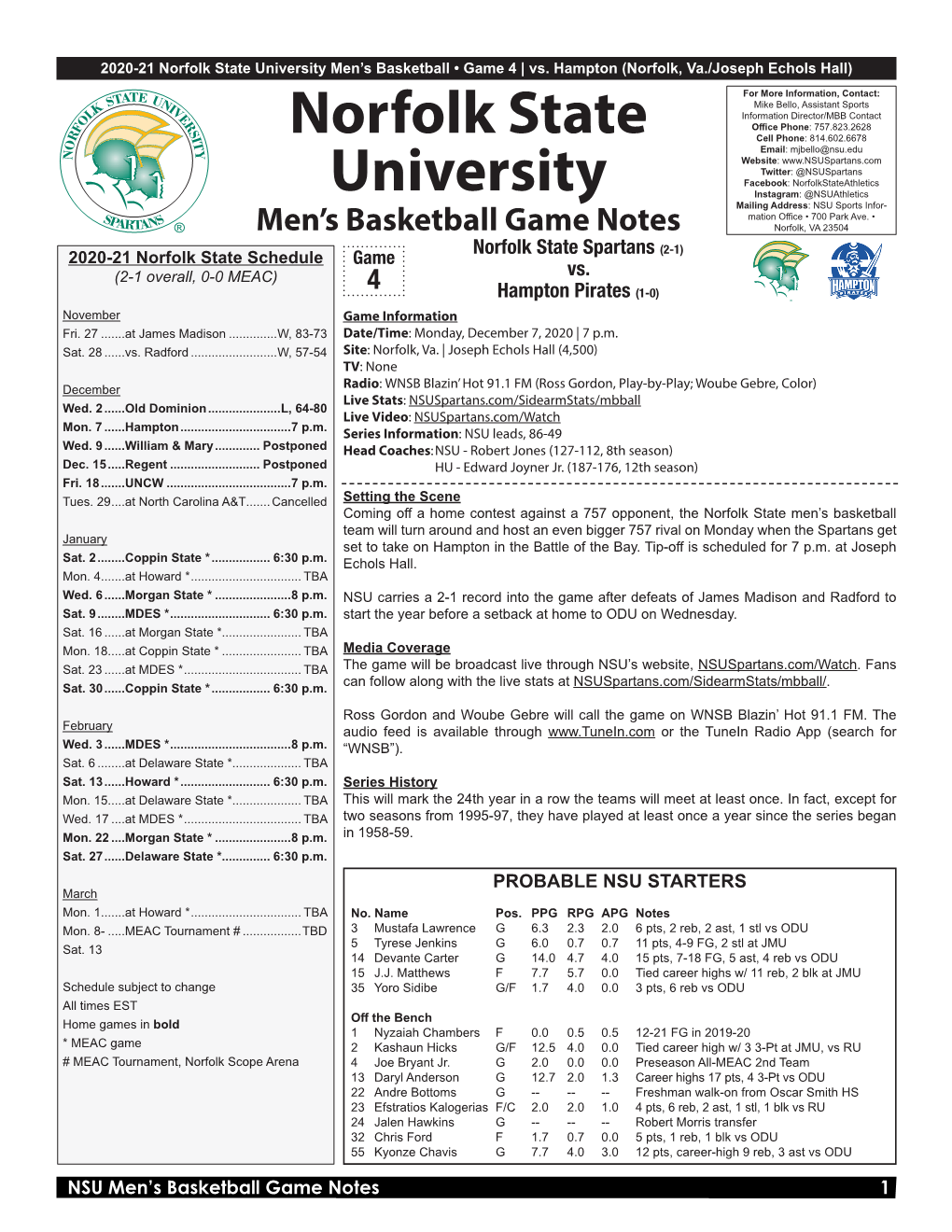 Norfolk State University Men’S Basketball • Game 4 | Vs