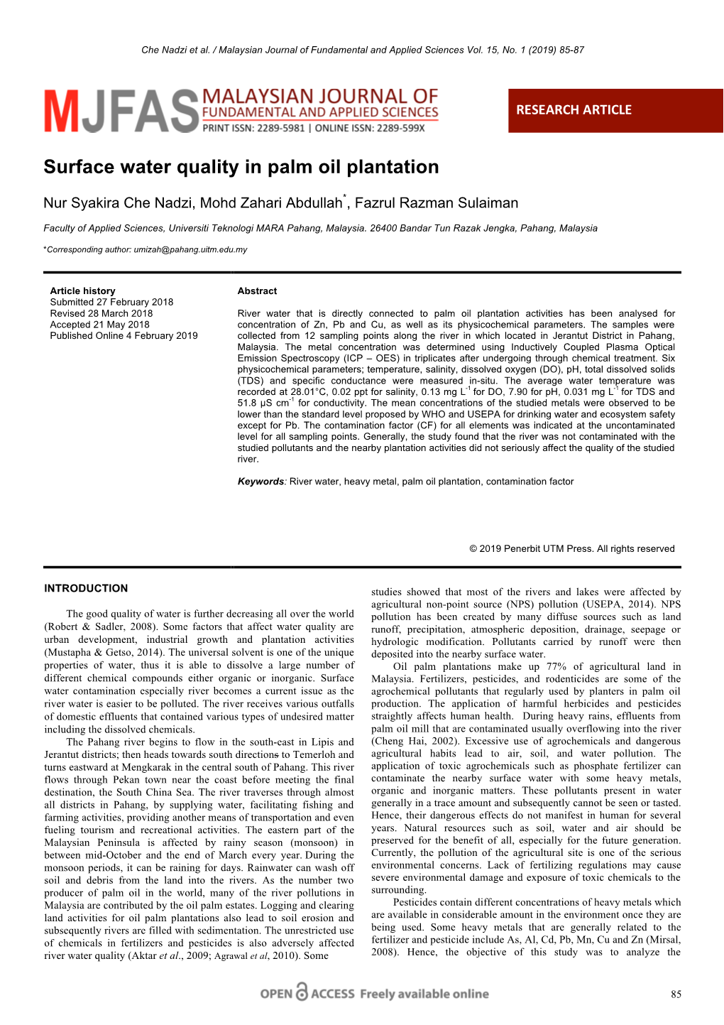 Surface Water Quality in Palm Oil Plantation