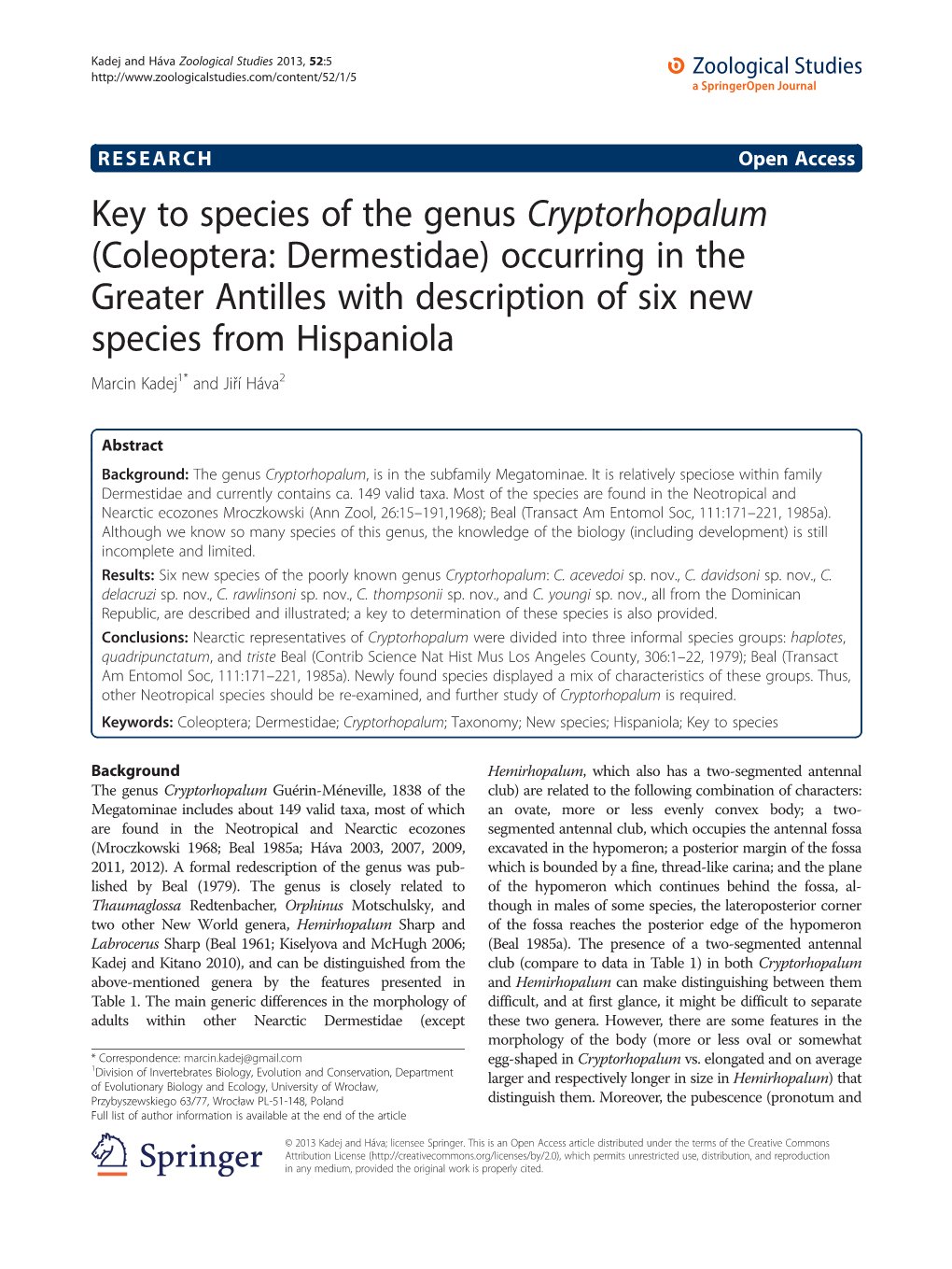 Key to Species of the Genus Cryptorhopalum (Coleoptera: Dermestidae) Occurring in the Greater Antilles with Description of Six N