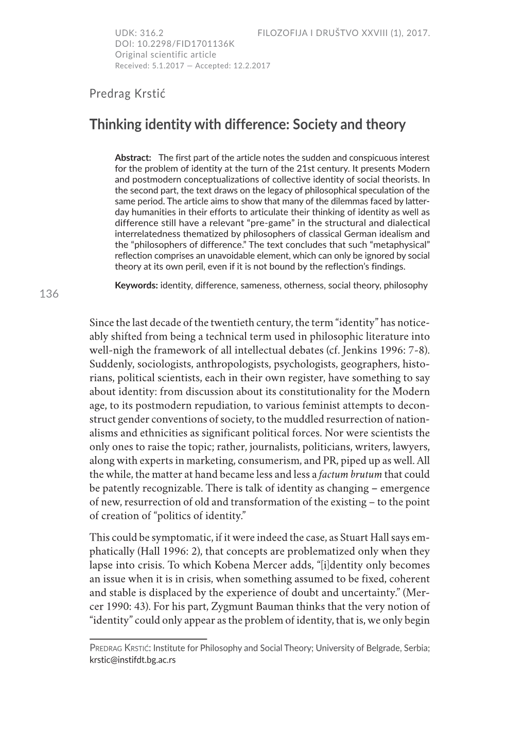 Thinking Identity with Difference: Society and Theory