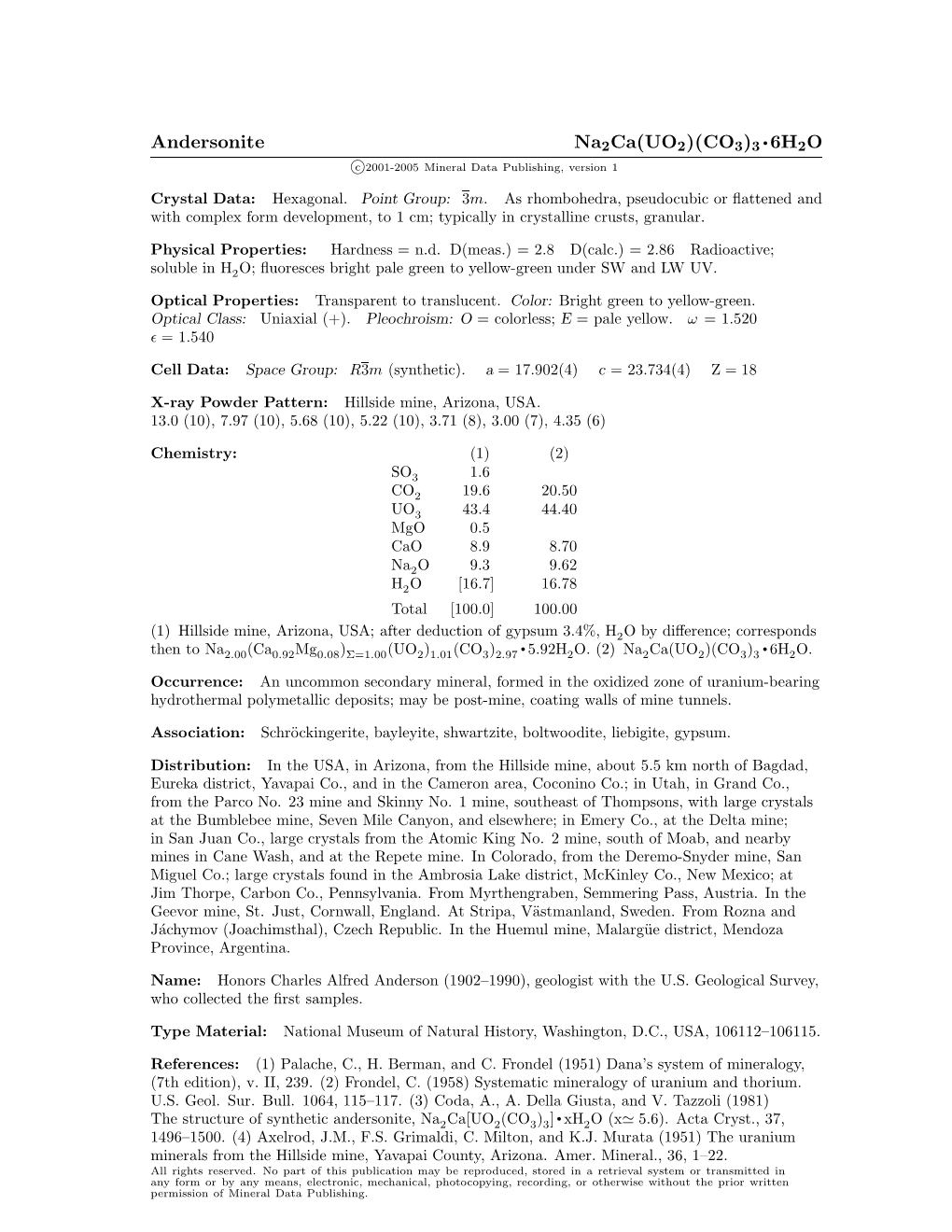 Andersonite Na2ca(UO2)(CO3)3 • 6H2O C 2001-2005 Mineral Data Publishing, Version 1