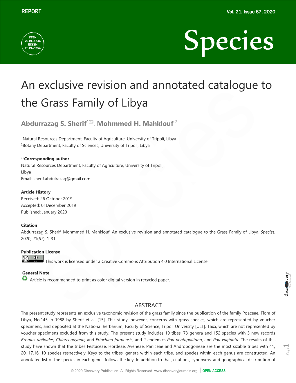 An Exclusive Revision and Annotated Catalogue to the Grass Family of Libya