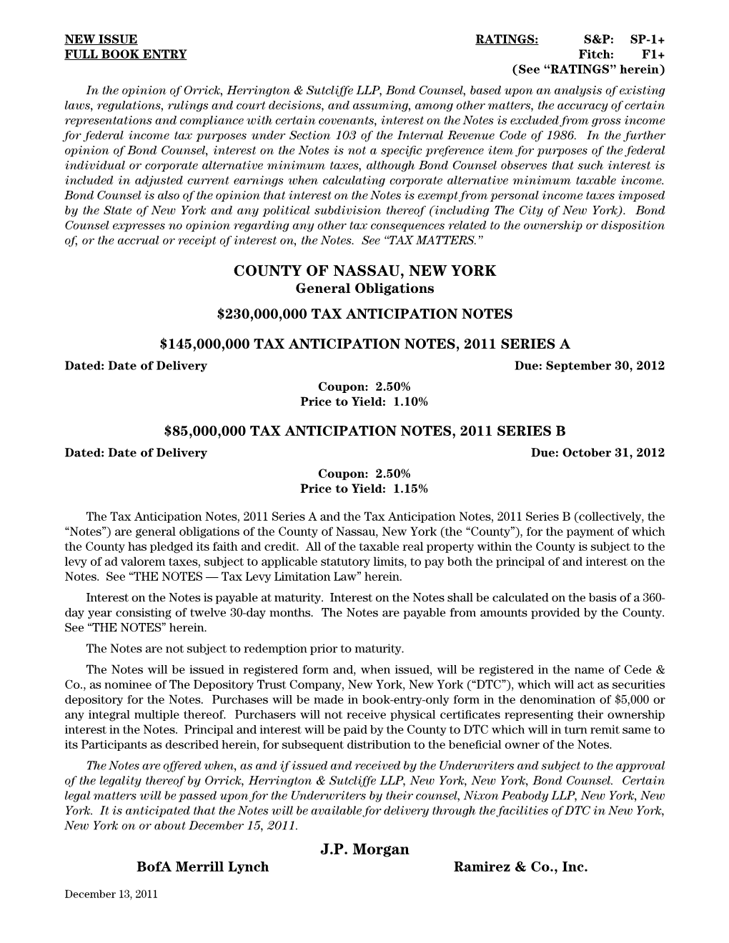 COUNTY of NASSAU, NEW YORK General Obligations $230,000,000 TAX ANTICIPATION NOTES