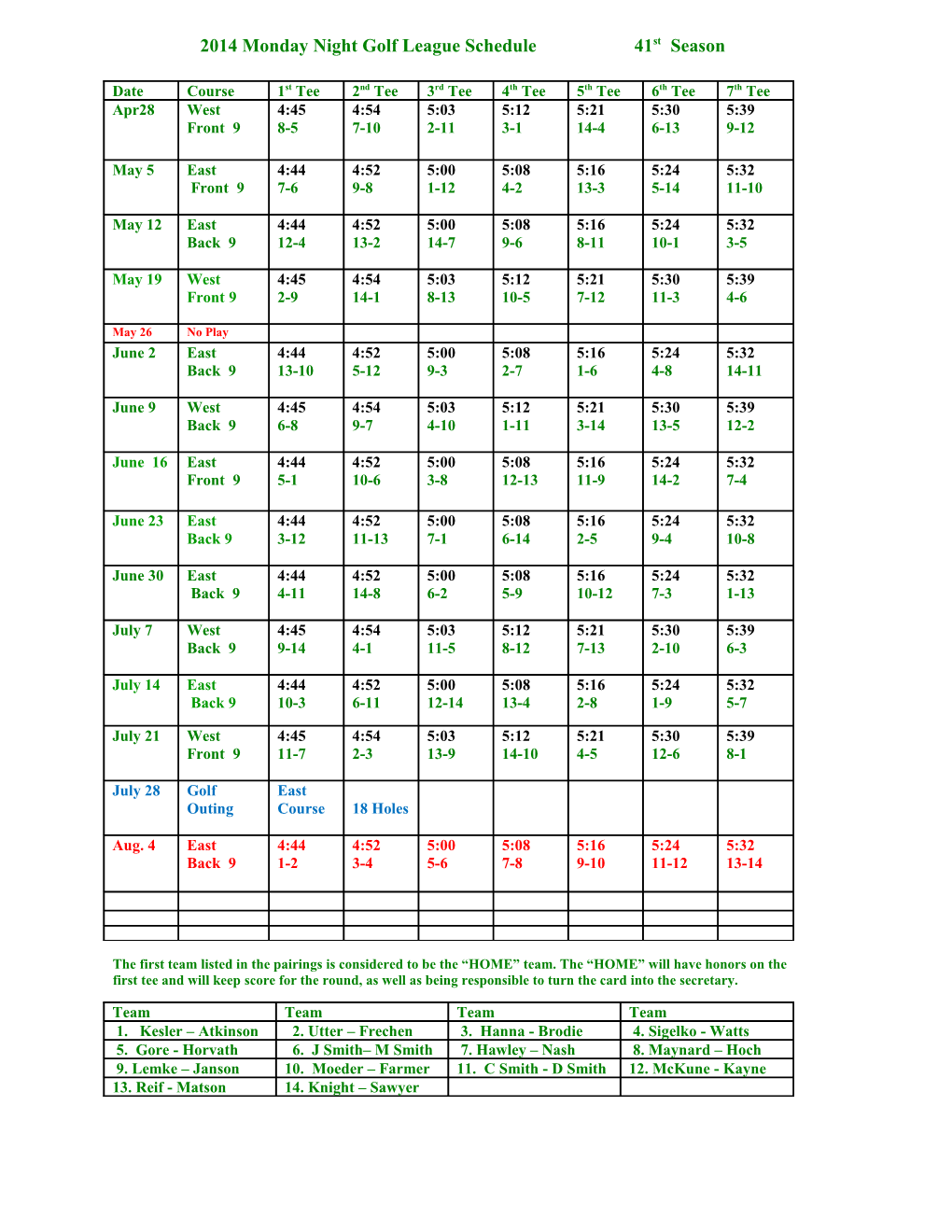 2008 Monday Night Golf League Schedule