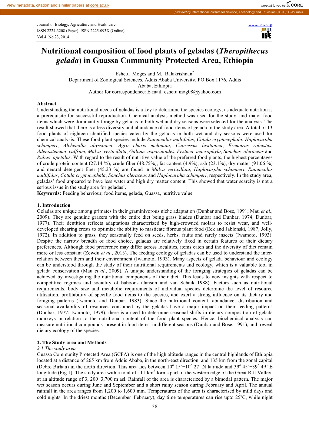 Nutritional Composition of Food Plants of Geladas (Theropithecus Gelada ) in Guassa Community Protected Area, Ethiopia