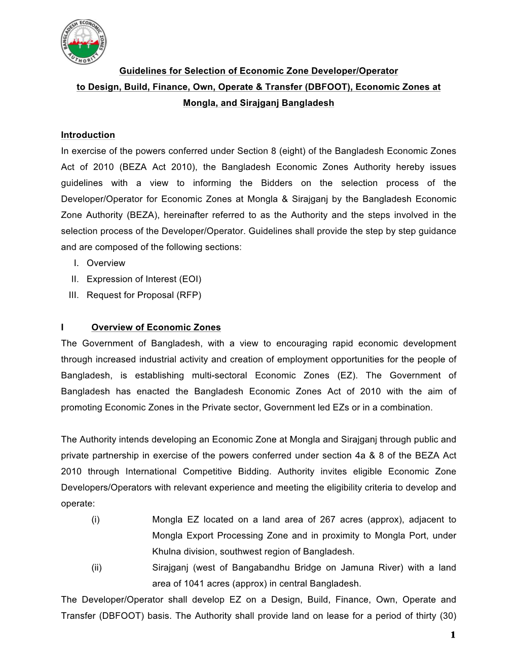 1 Guidelines for Selection of Economic Zone Developer