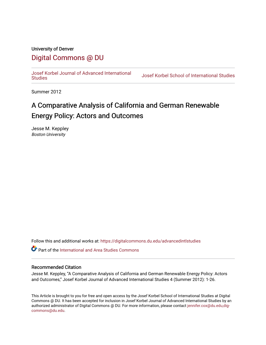 A Comparative Analysis of California and German Renewable Energy Policy: Actors and Outcomes