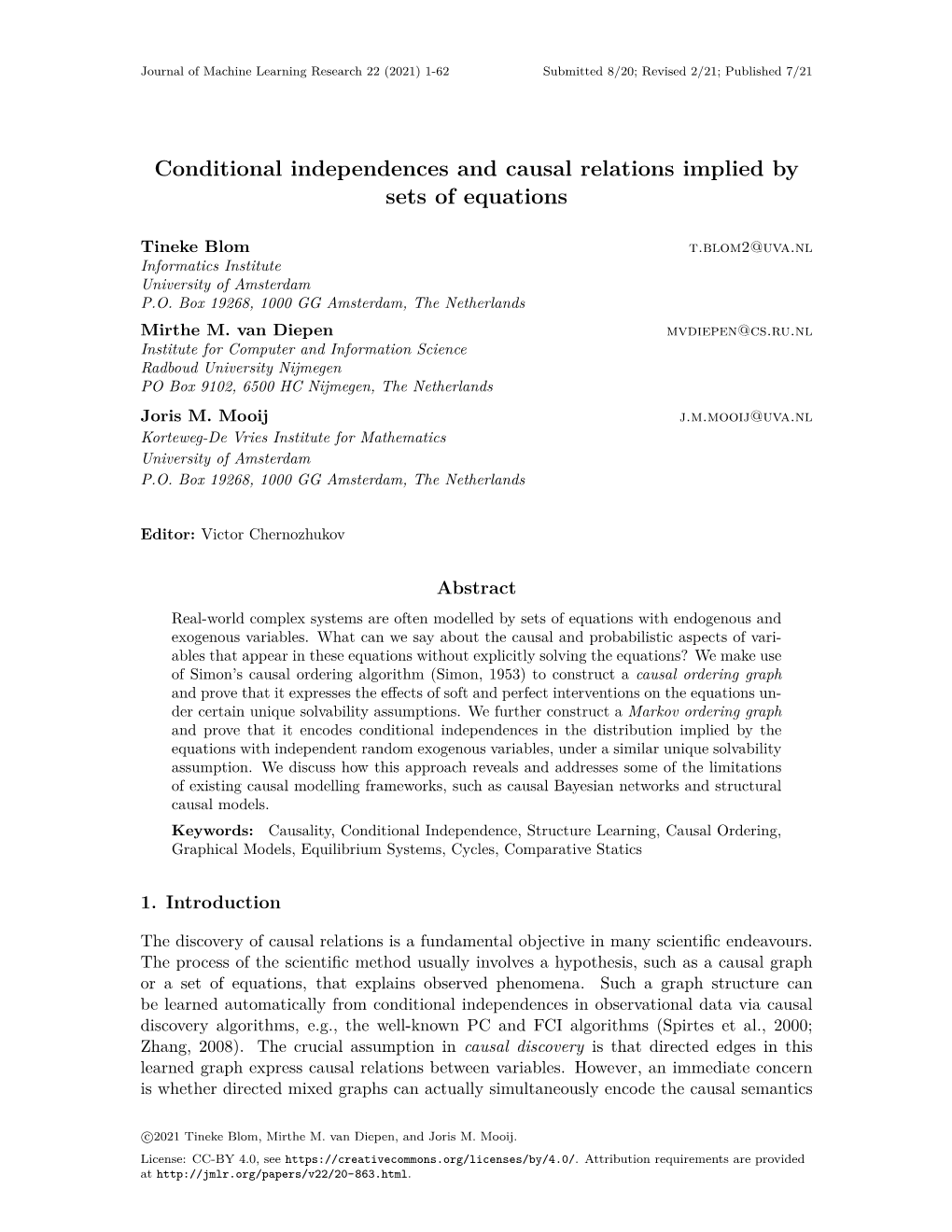 Conditional Independences and Causal Relations Implied by Sets of Equations