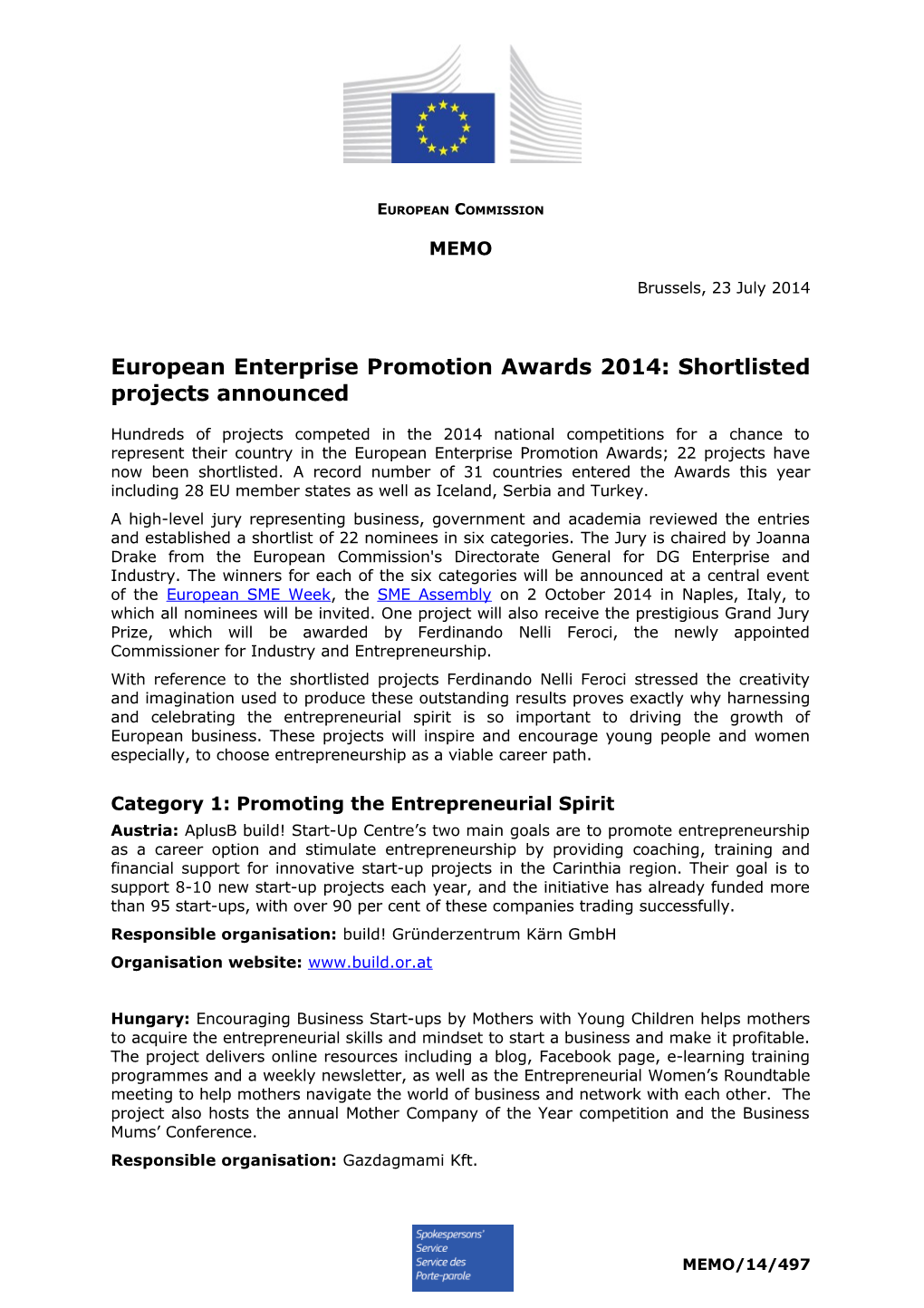 European Enterprise Promotion Awards 2014: Shortlisted Projects Announced