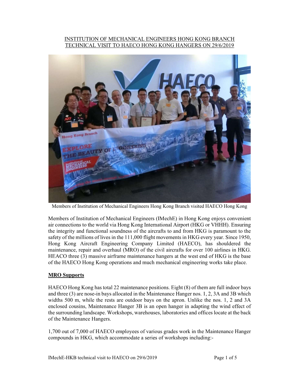 Institution of Mechanical Engineers Hong Kong Branch Technical Visit to Haeco Hong Kong Hangers on 29/6/2019