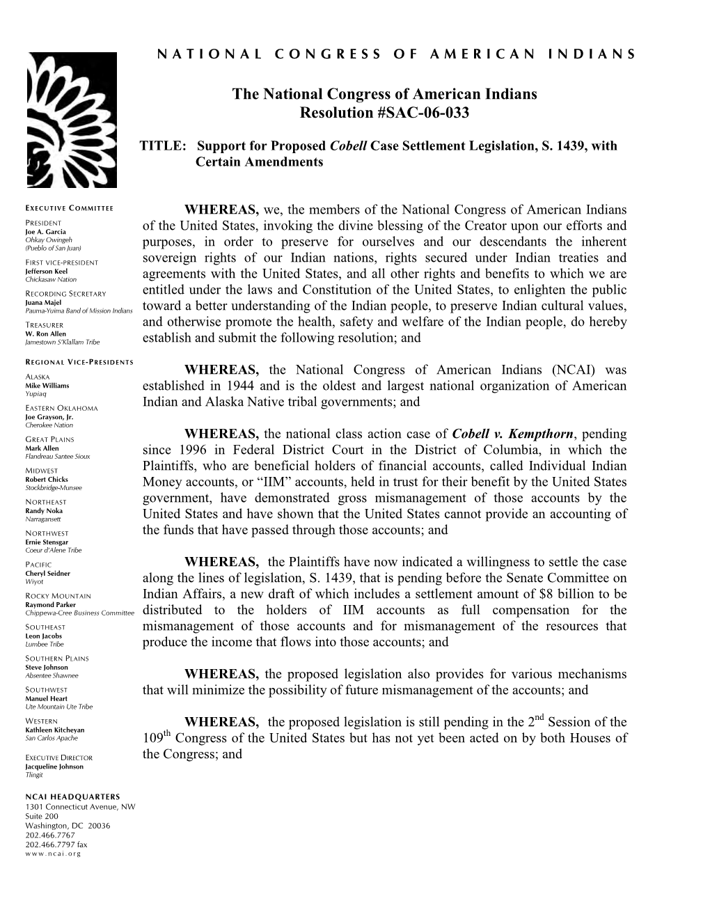 The National Congress of American Indians Resolution #SAC-06-033