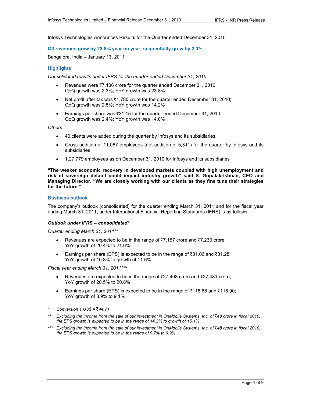 Infosys Technologies Announces Results for the Quarter Ended December 31, 2010