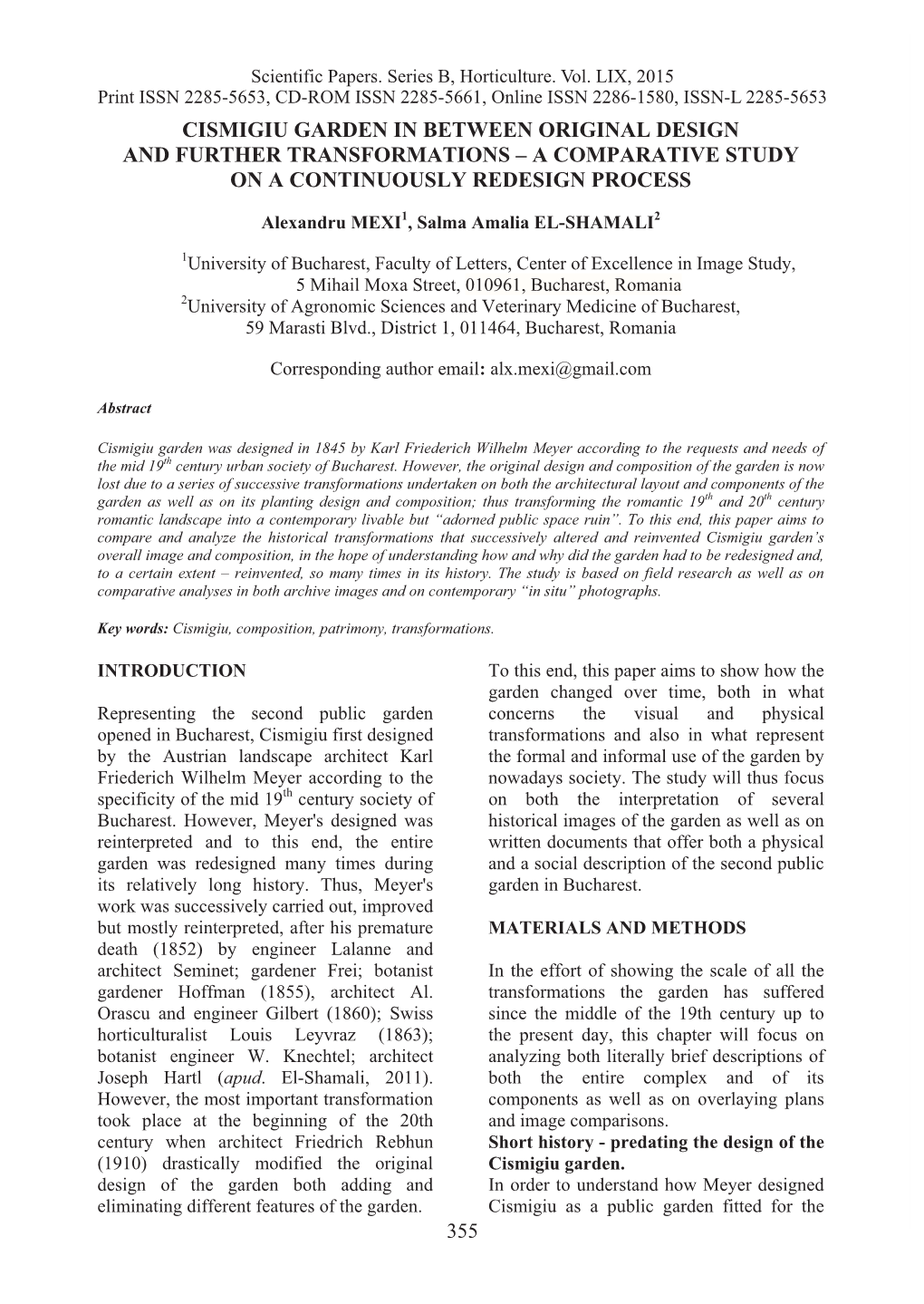 Cismigiu Garden in Between Original Design and Further Transformations – a Comparative Study on a Continuously Redesign Process