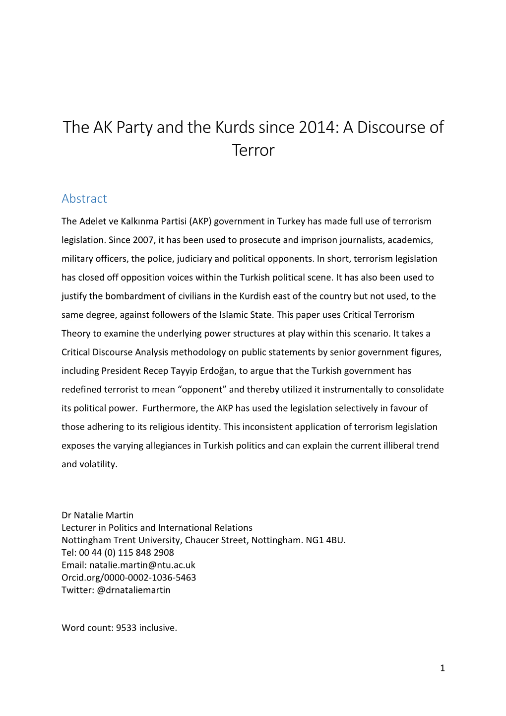 The AK Party and the Kurds Since 2014: a Discourse of Terror