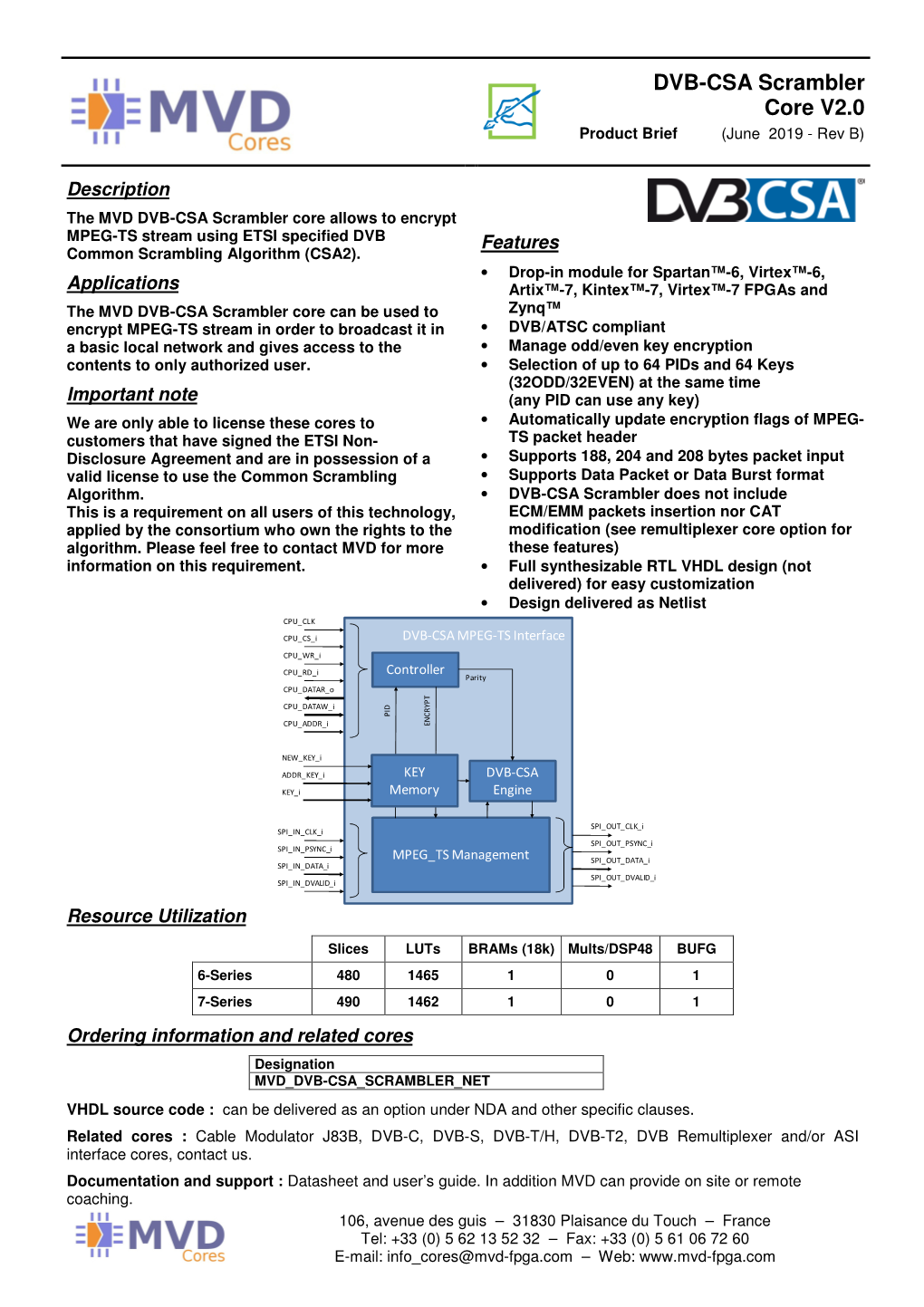 DVB-CSA Scrambler Core V2.0 Product Brief (June 2019 - Rev B)
