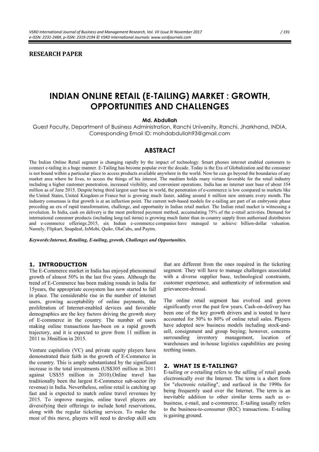 E-Tailing) Market : Growth, Opportunities and Challenges