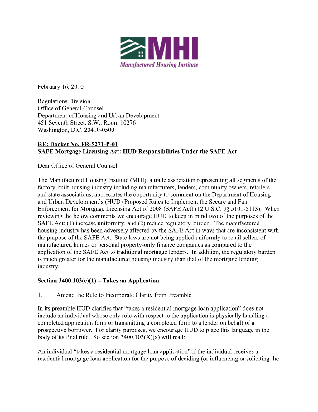 MHI Comments on HUD Proposed Rules