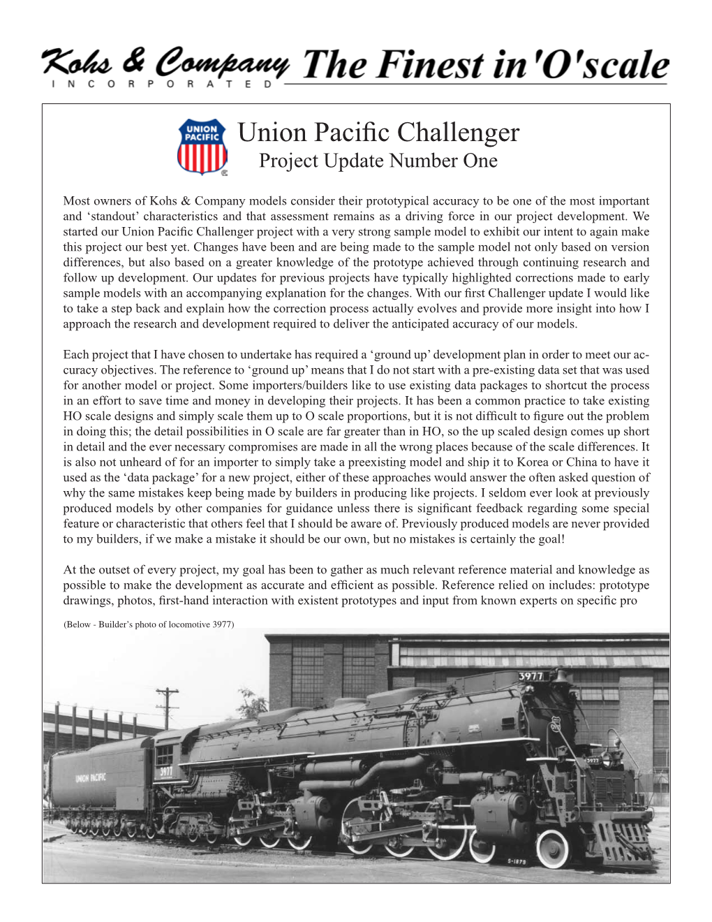 Union Pacific Challenger Project Update Number One