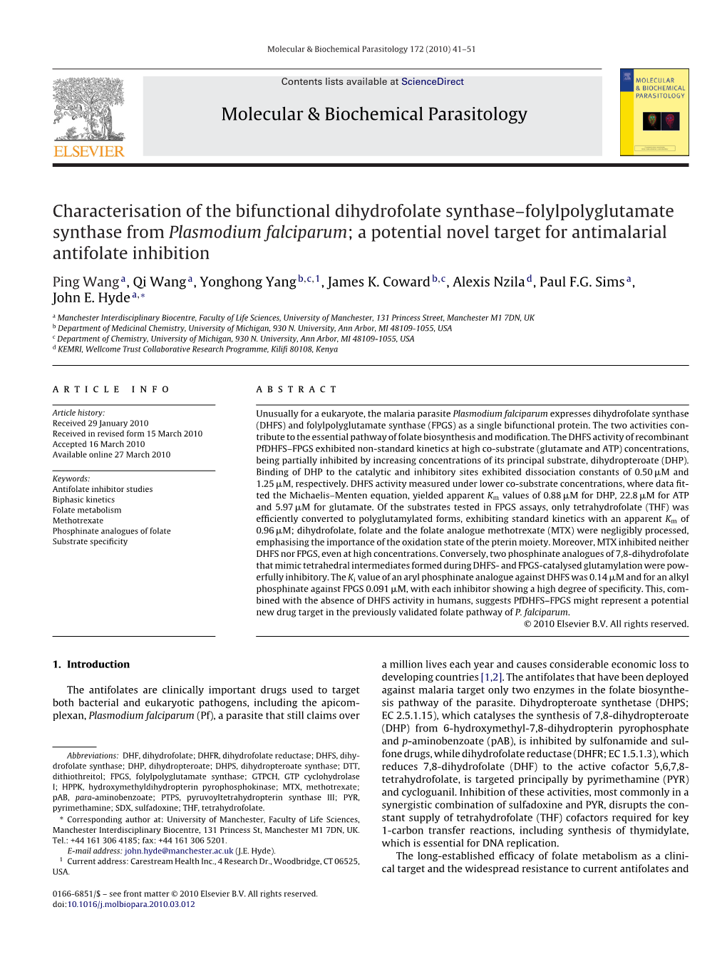 Folylpolyglutamate Synthase from Plasmodium Falciparum; a Potential Novel Target for Antimalarial Antifolate Inhibition