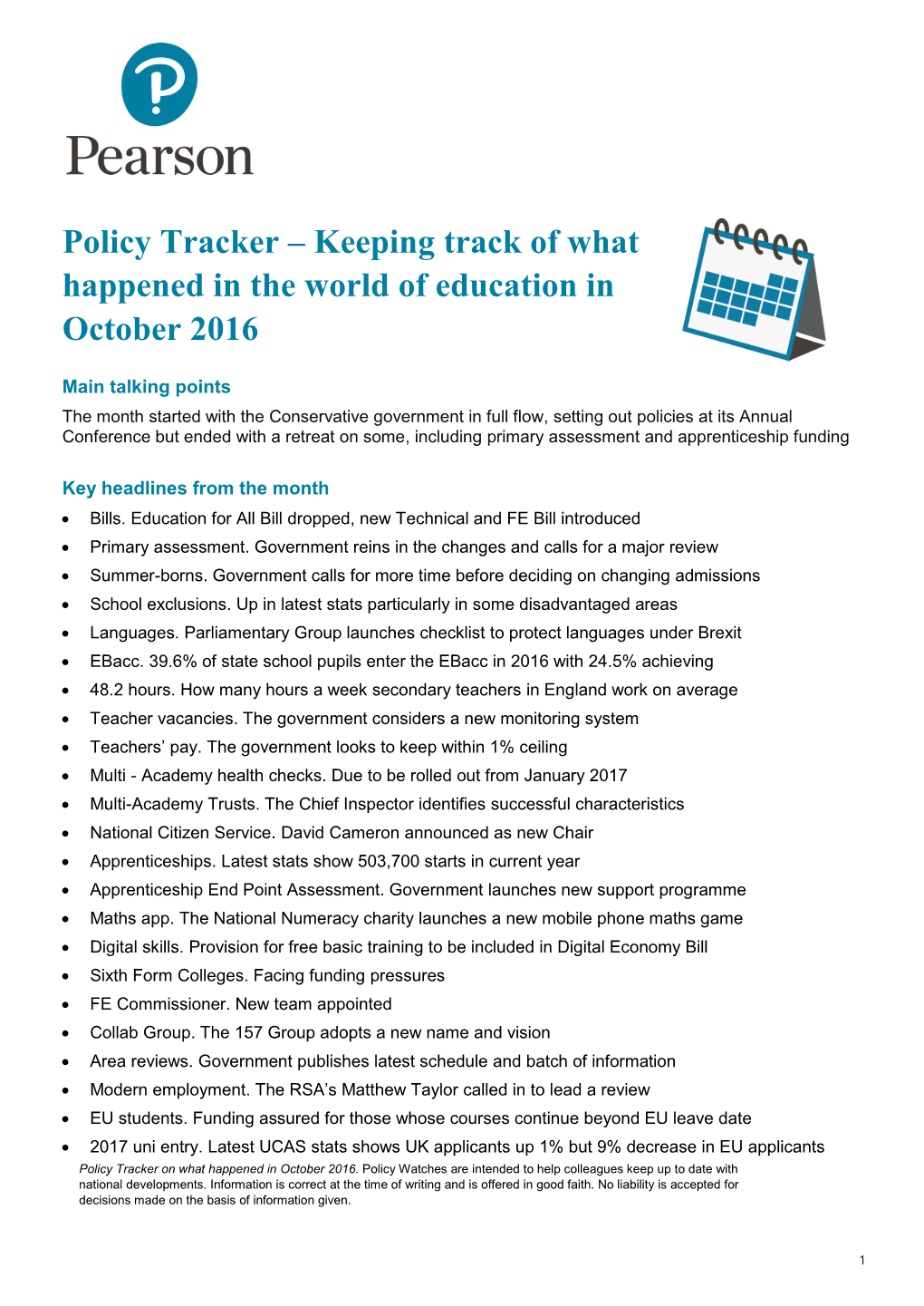 Policy Tracker – Keeping Track of What Happened in the World of Education in October 2016