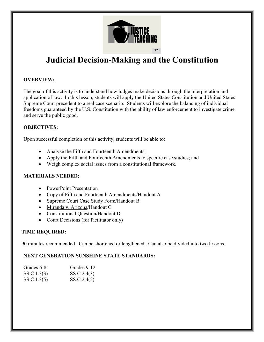 PDF Miranda V. Arizona Decision Making Lesson
