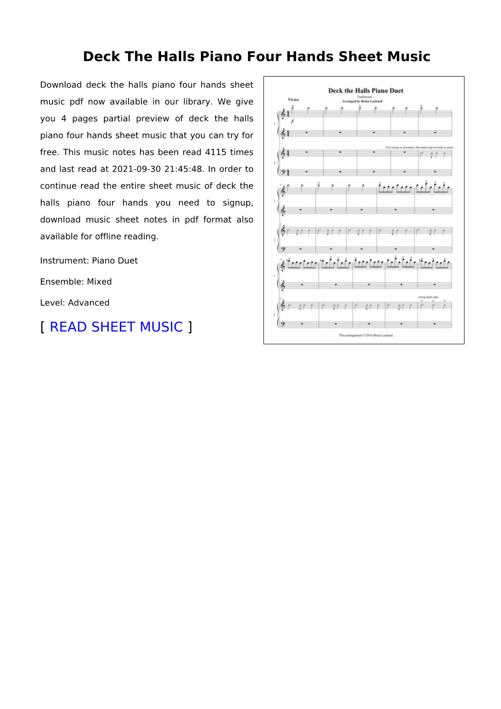 Deck the Halls Piano Four Hands Sheet Music