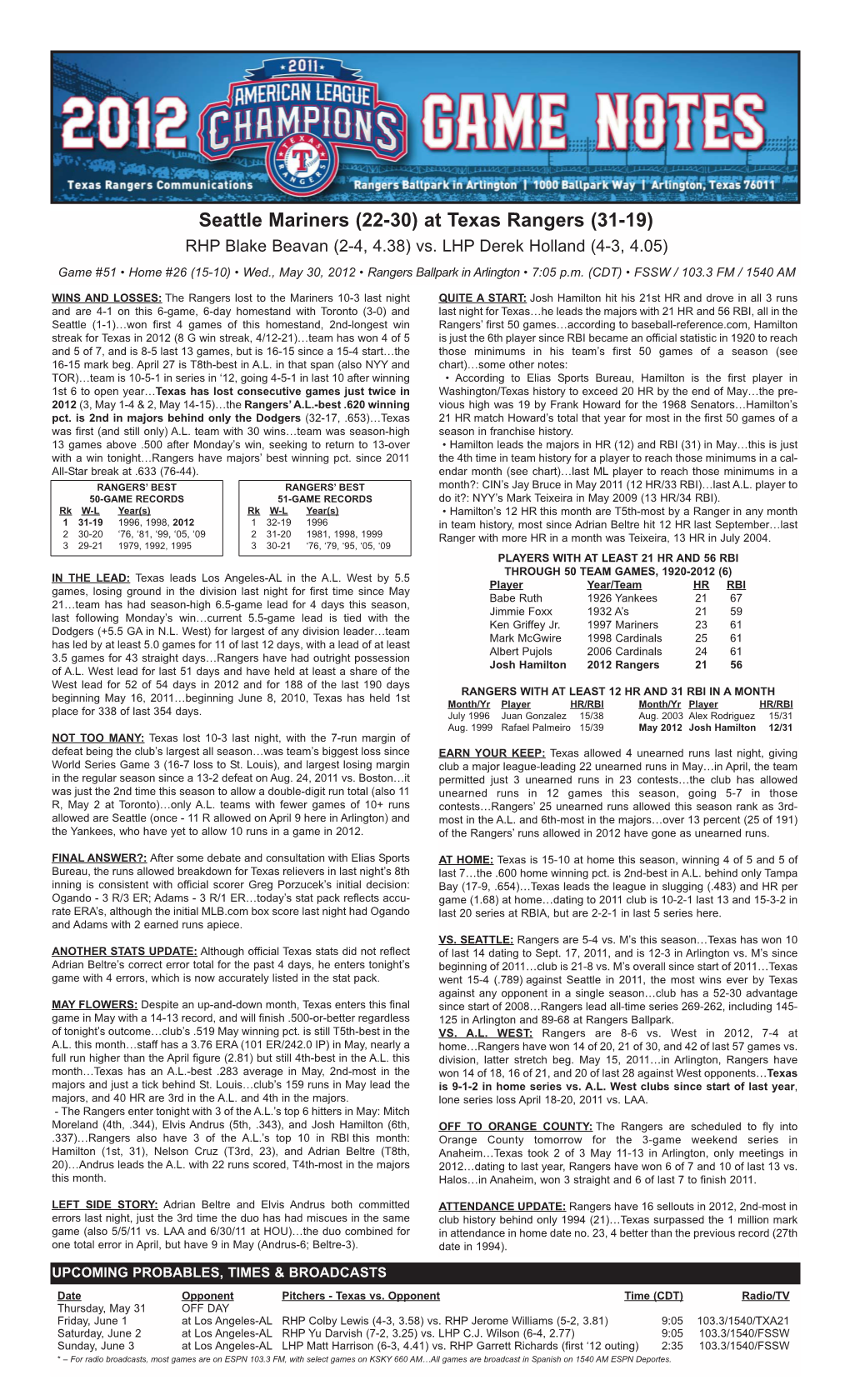 Rangers Game Notes • Wednesday, May 30, 2012 • Seattle