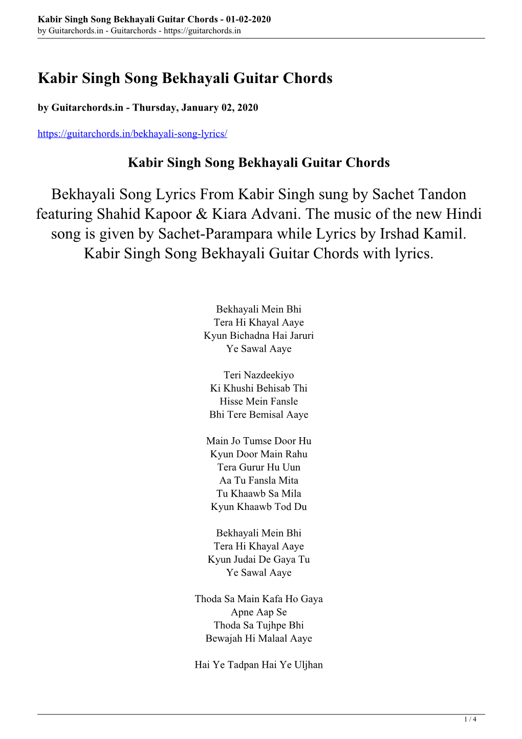 Kabir Singh Song Bekhayali Guitar Chords - 01-02-2020 by Guitarchords.In - Guitarchords